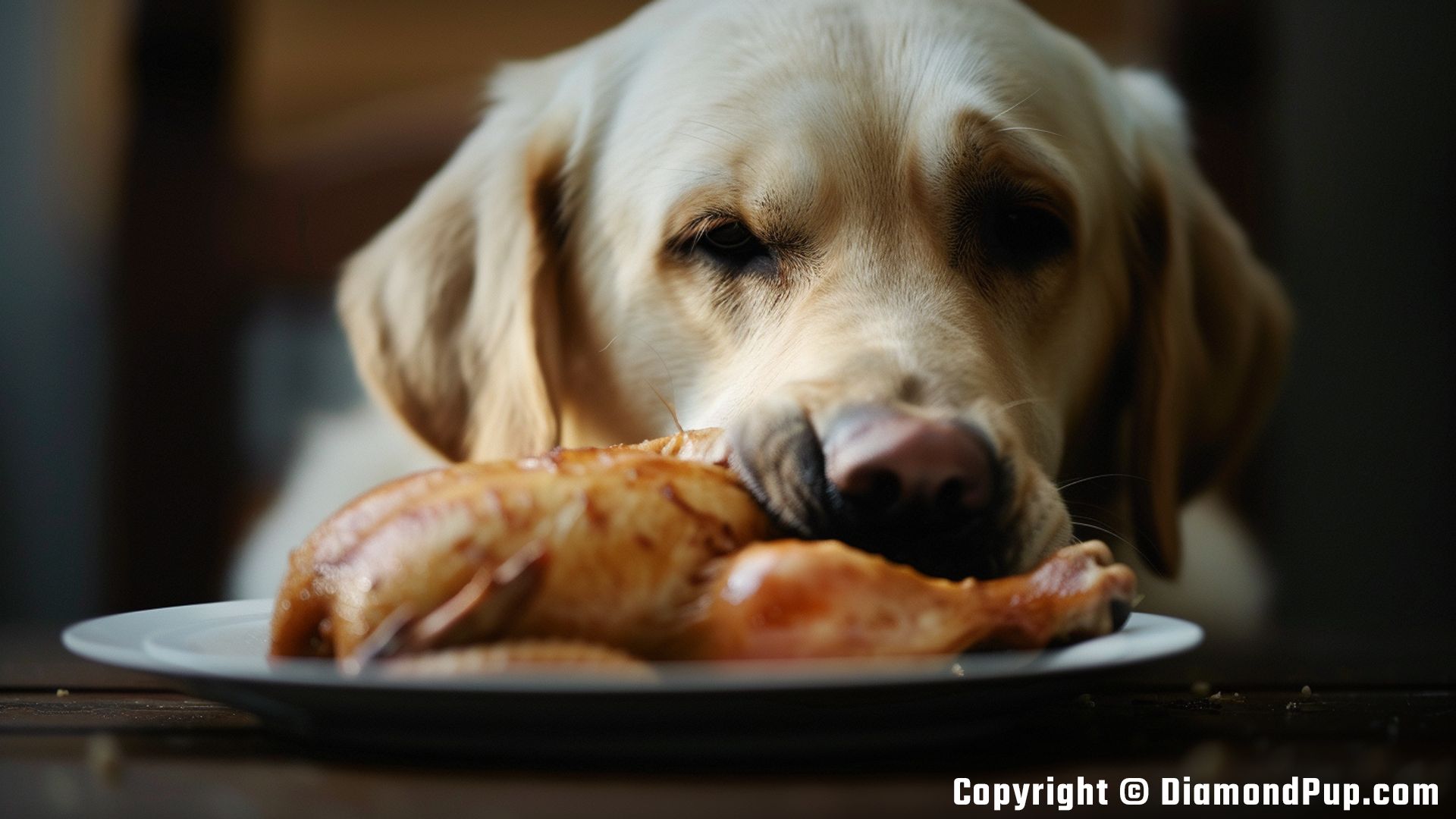 Image of an Adorable Labrador Eating Chicken