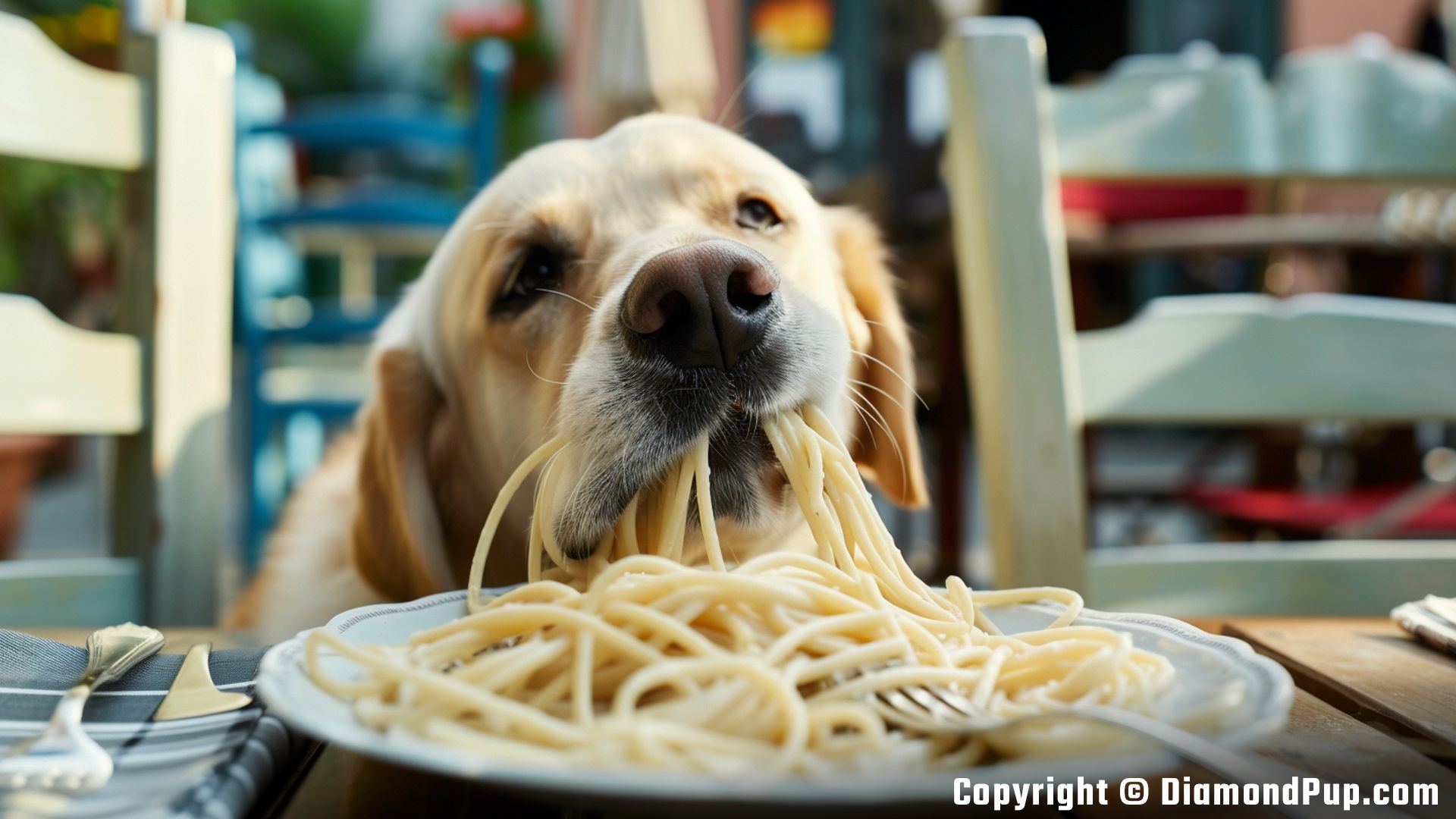 Image of an Adorable Labrador Eating Pasta