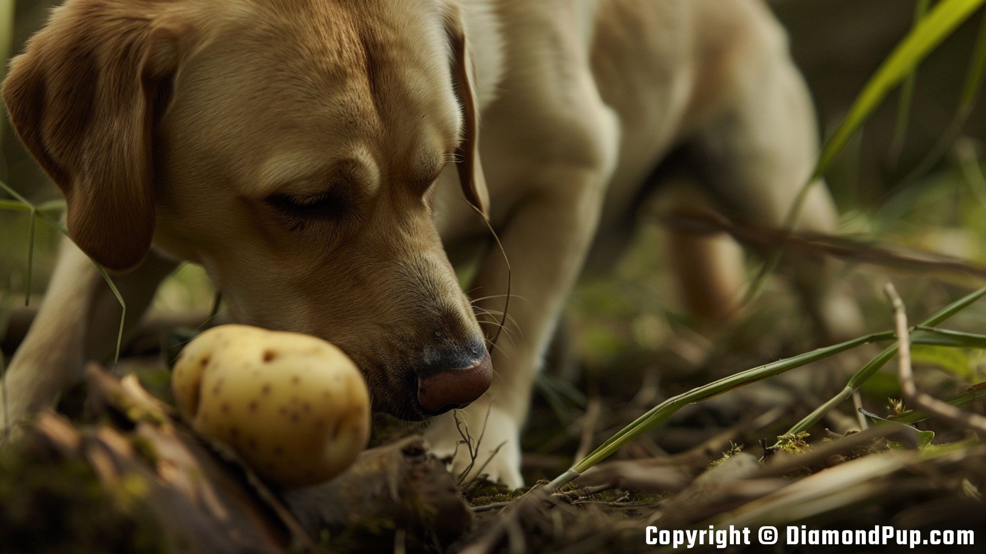 Image of an Adorable Labrador Snacking on Potato