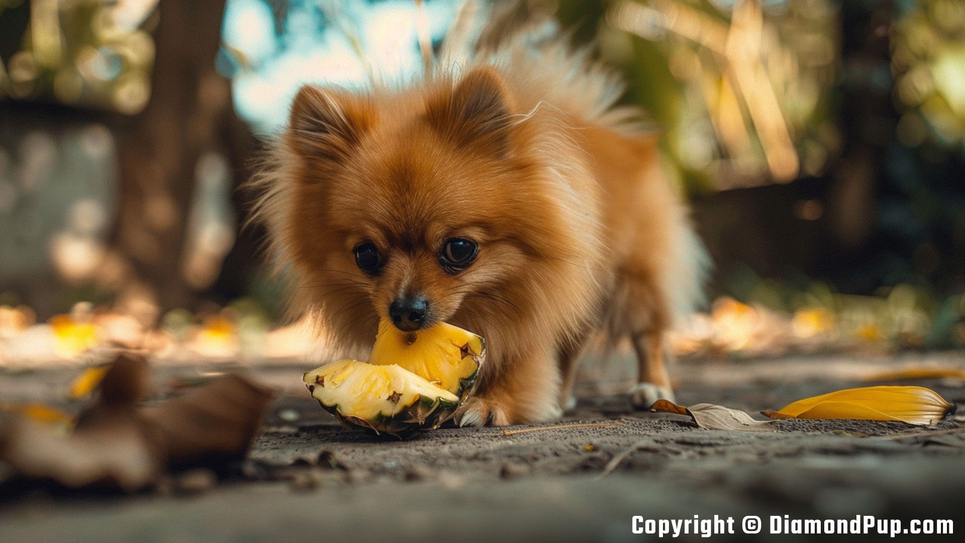 Image of an Adorable Pomeranian Eating Pineapple