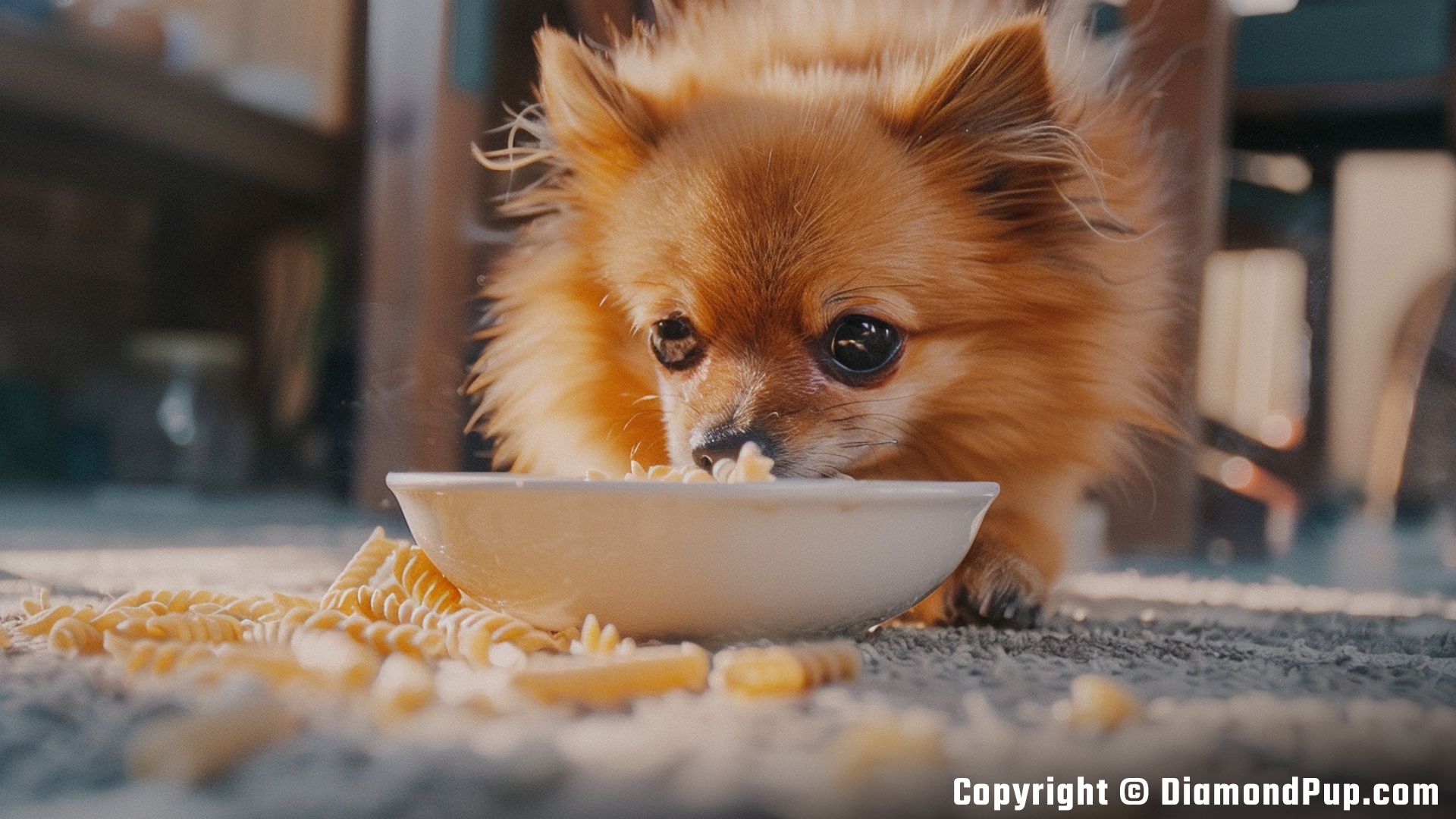 Image of an Adorable Pomeranian Snacking on Pasta