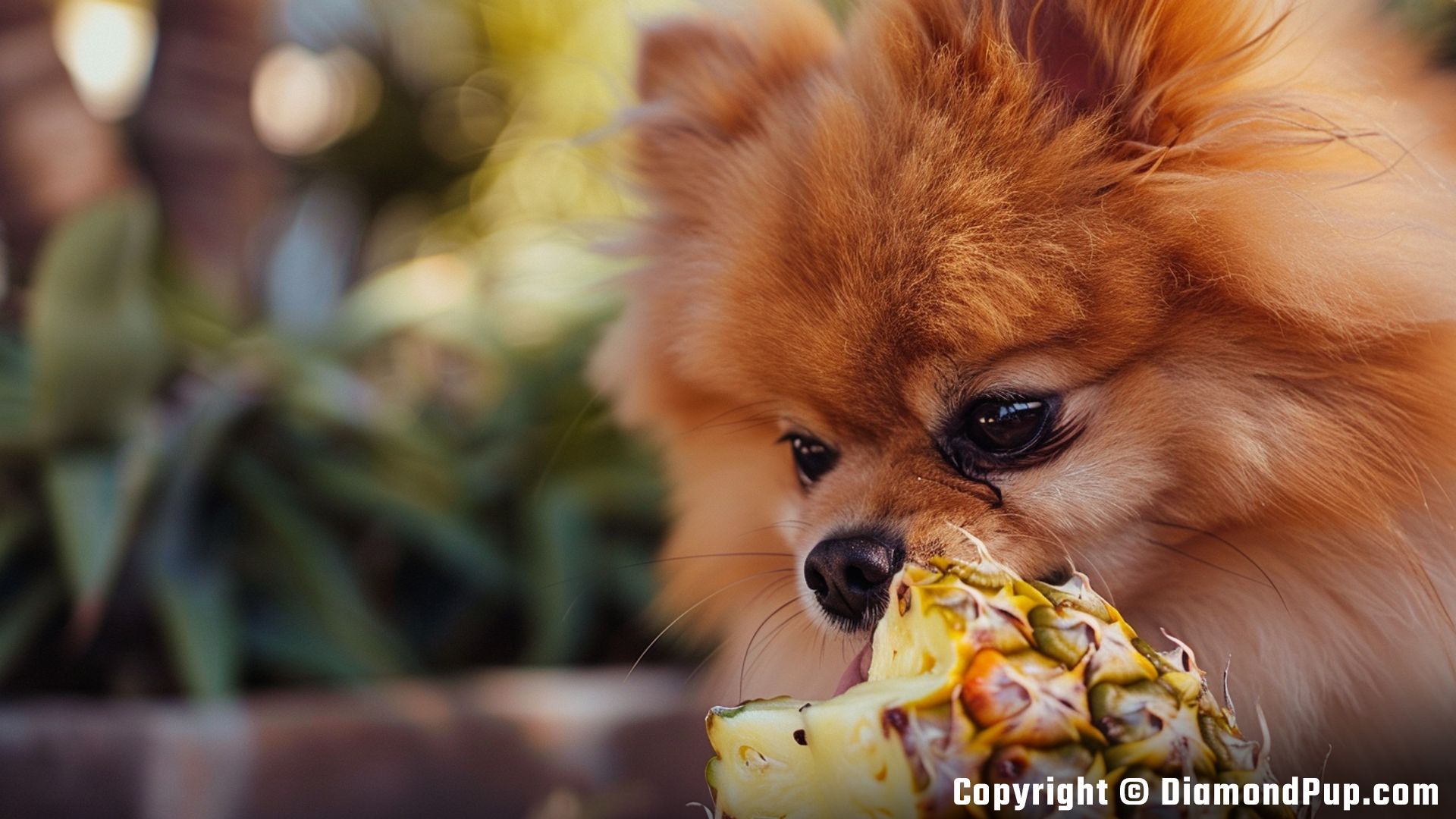 Image of an Adorable Pomeranian Snacking on Pineapple