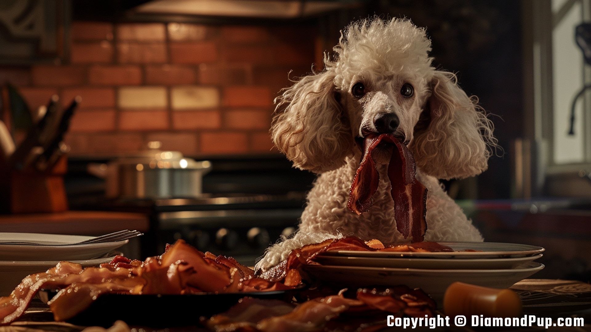 Image of an Adorable Poodle Eating Bacon