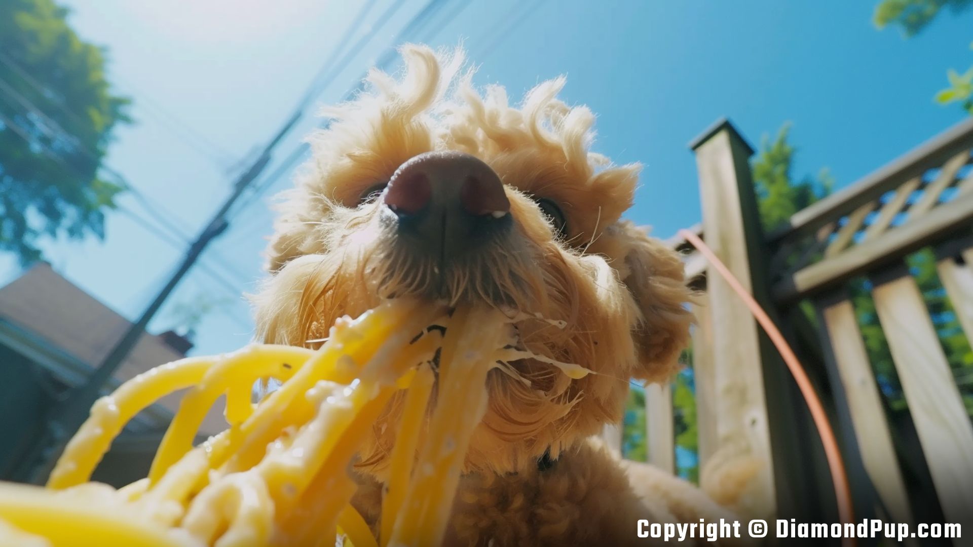 Image of an Adorable Poodle Eating Pasta