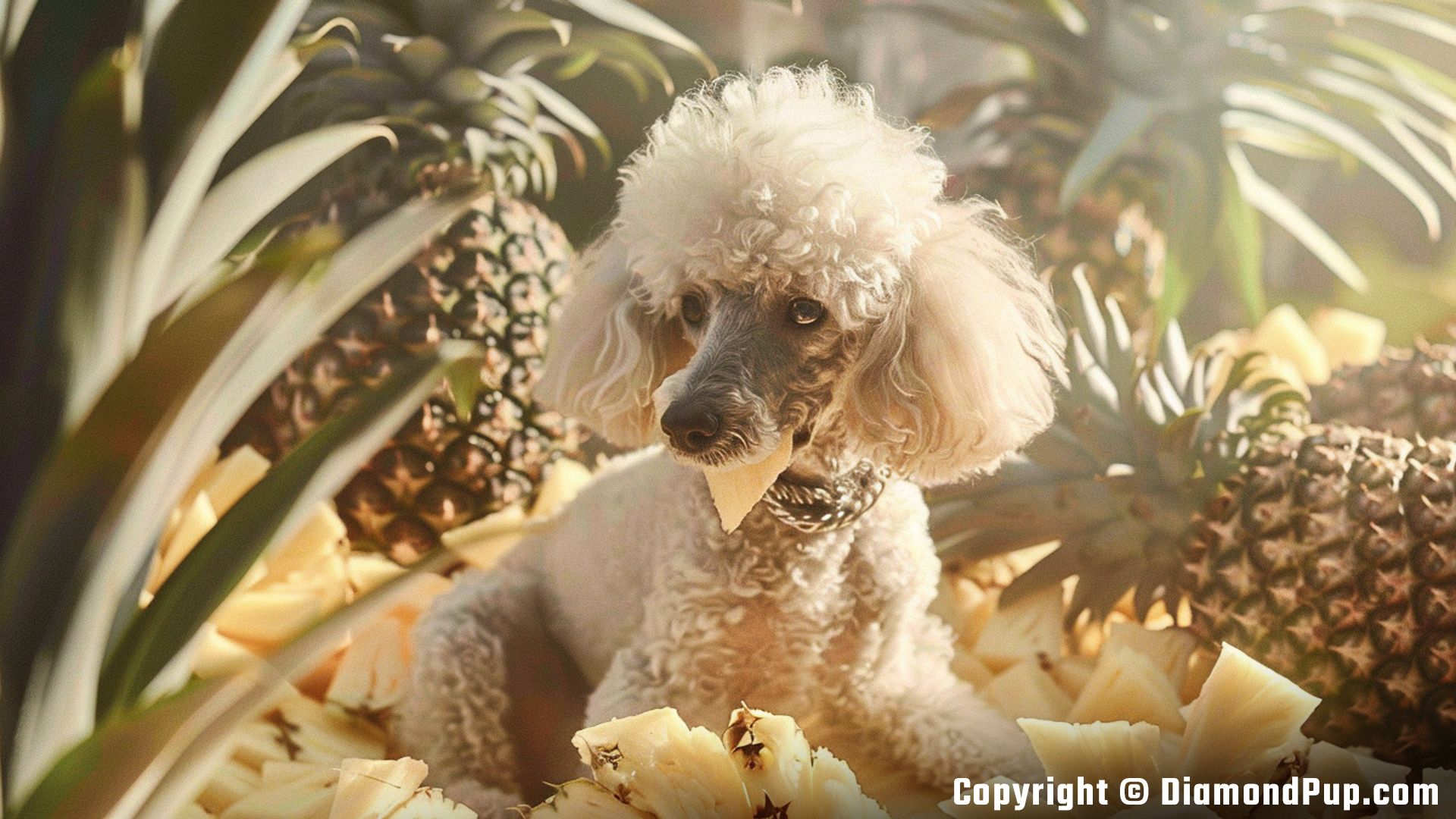 Image of an Adorable Poodle Eating Pineapple