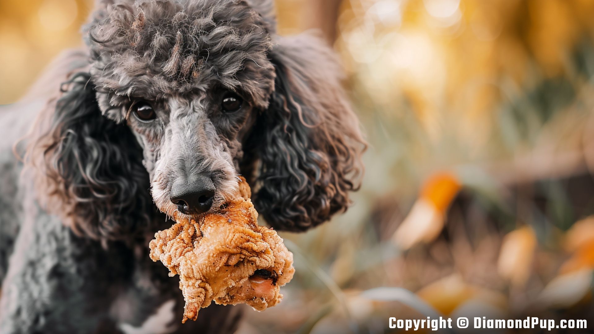 Image of an Adorable Poodle Snacking on Chicken