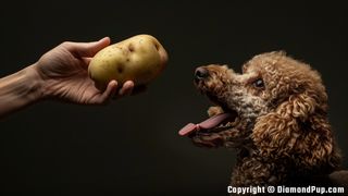 Image of an Adorable Poodle Snacking on Potato