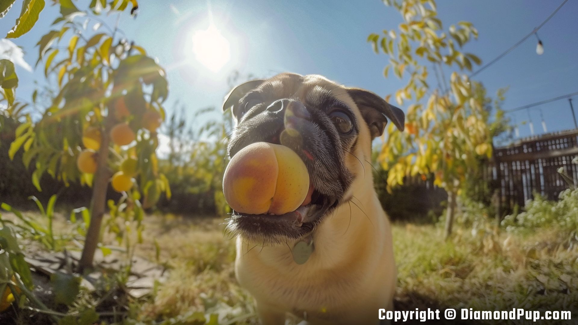 Image of an Adorable Pug Eating Peaches