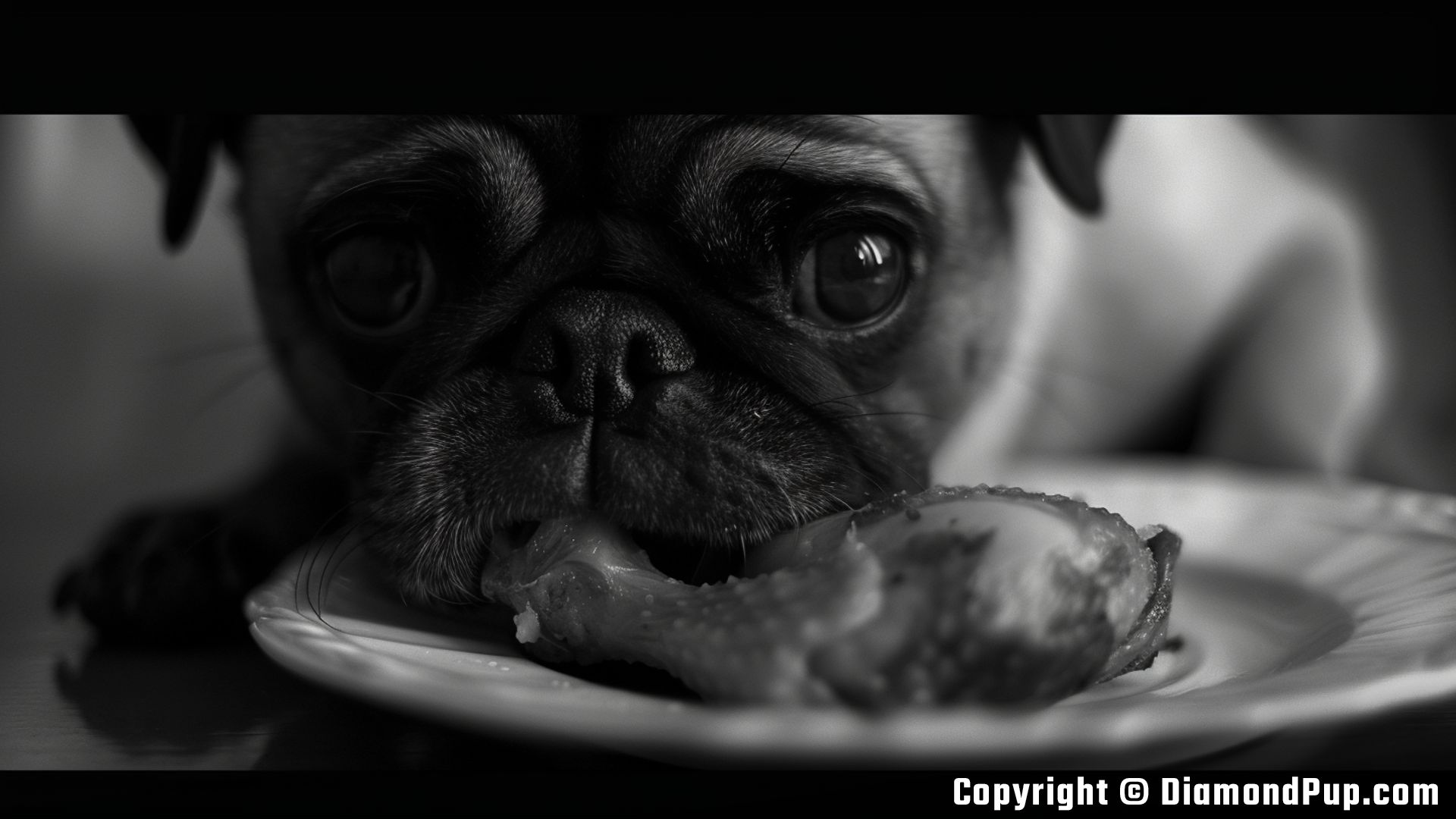 Image of an Adorable Pug Snacking on Chicken
