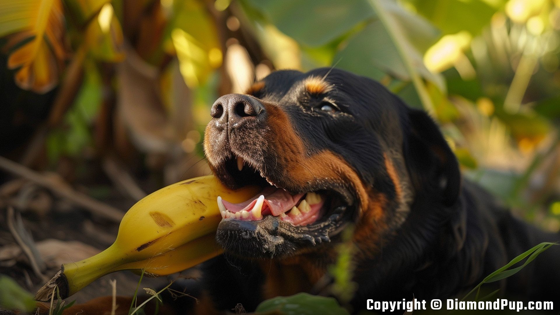 Image of an Adorable Rottweiler Eating Banana
