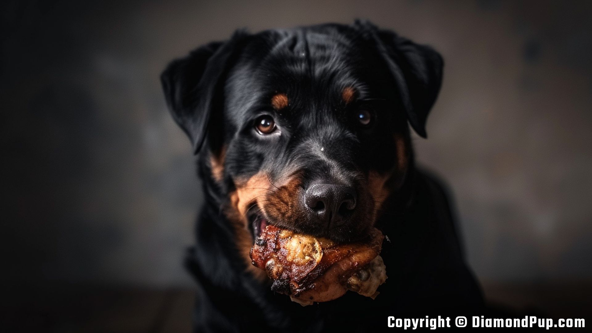 Image of an Adorable Rottweiler Eating Chicken