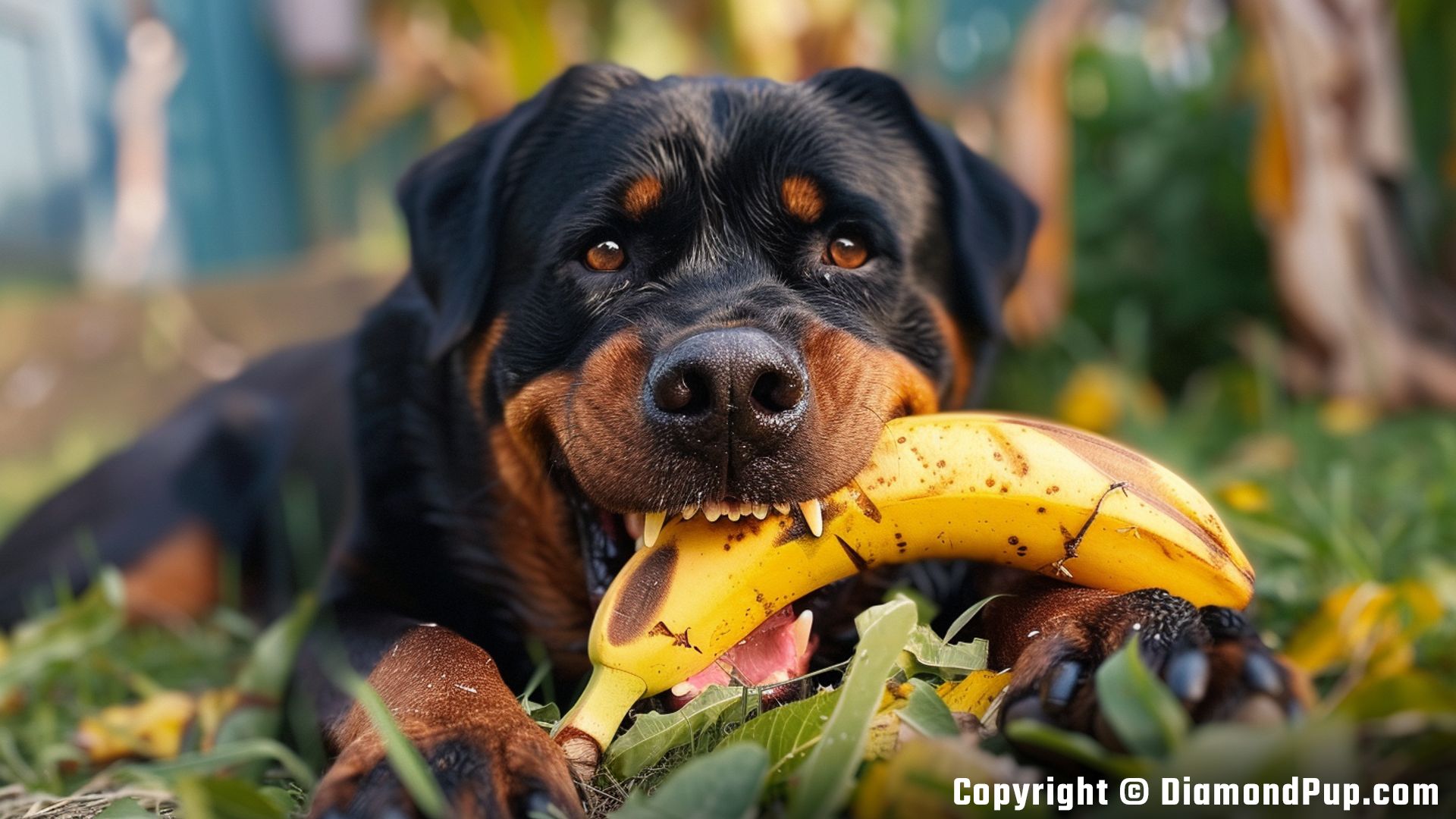 Image of an Adorable Rottweiler Snacking on Banana