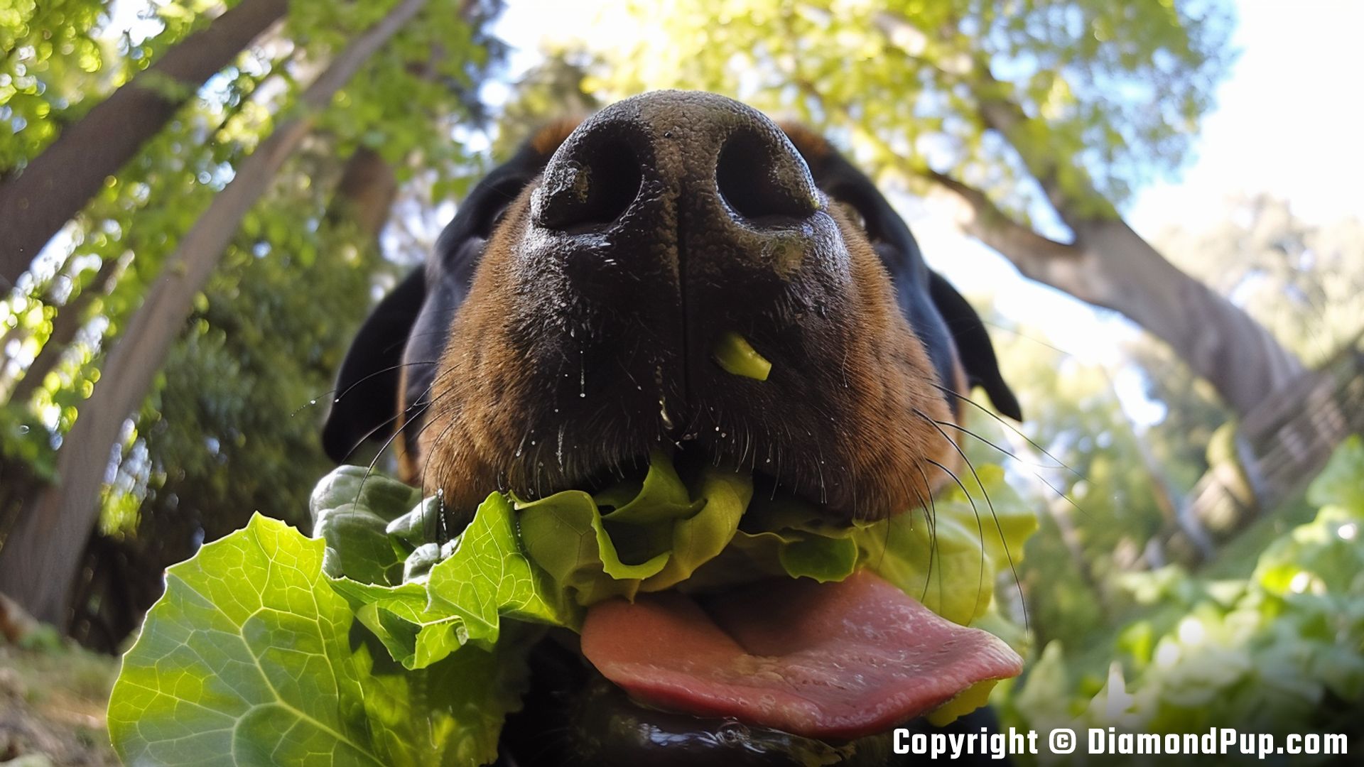 Image of an Adorable Rottweiler Snacking on Lettuce
