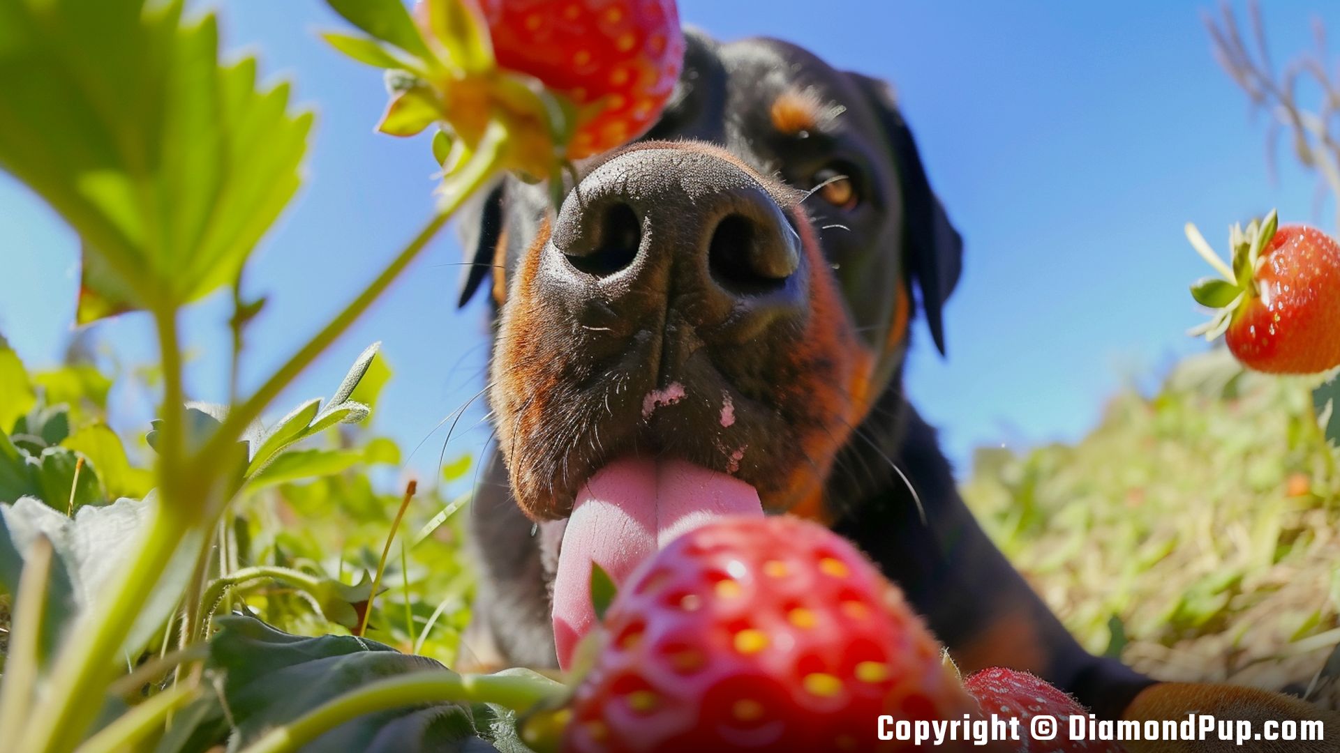 Image of an Adorable Rottweiler Snacking on Strawberries