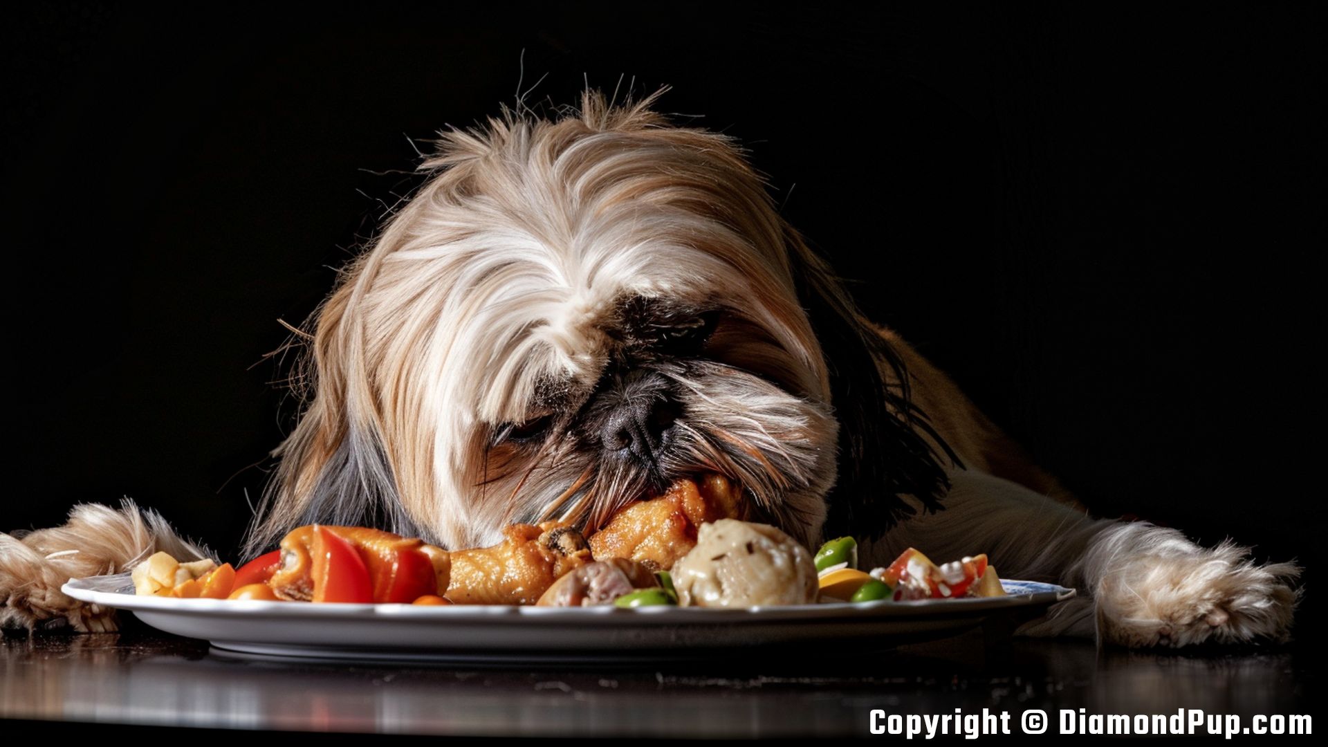 Image of an Adorable Shih Tzu Eating Chicken