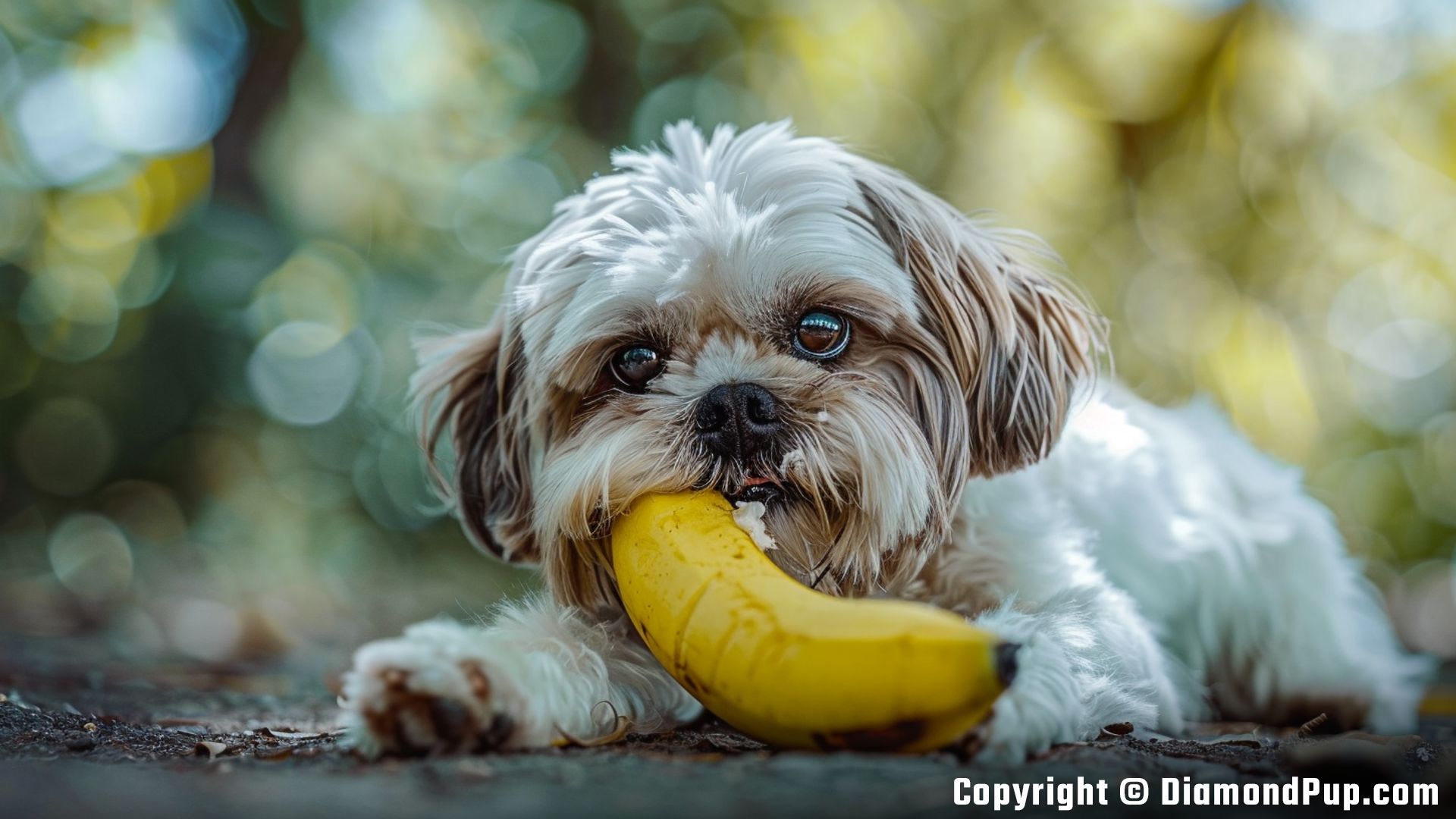 Image of an Adorable Shih Tzu Snacking on Banana