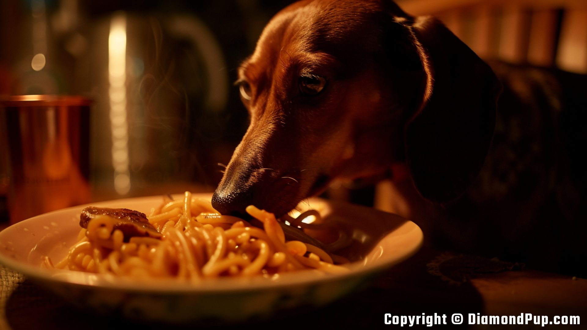 Image of Dachshund Eating Pasta