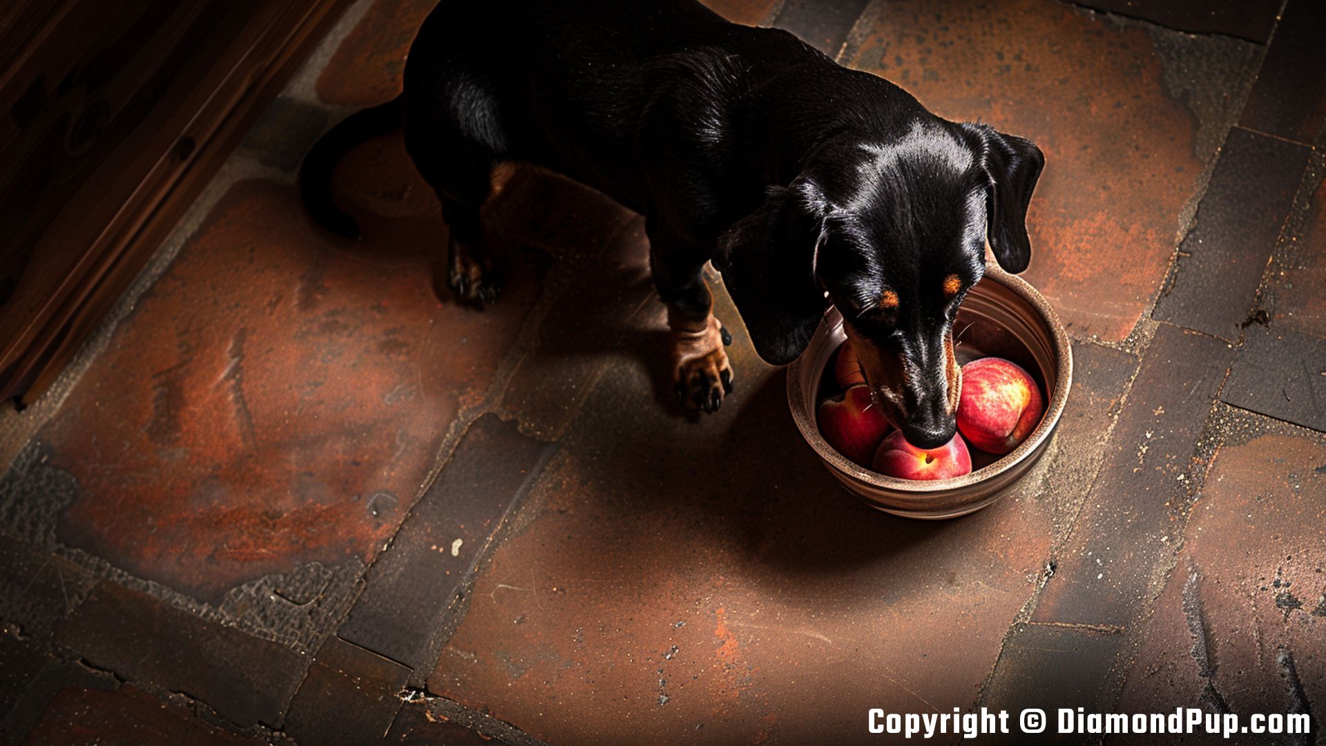 Image of Dachshund Eating Peaches