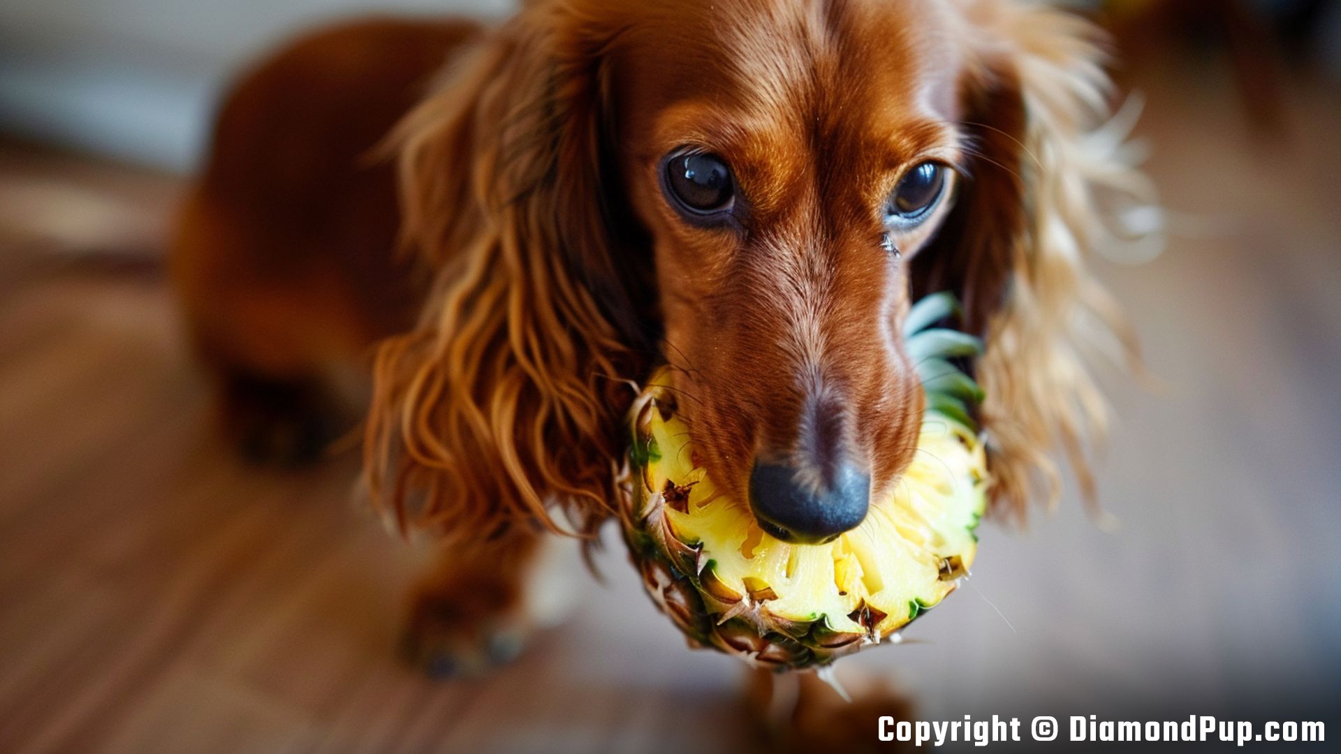 Image of Dachshund Snacking on Pineapple