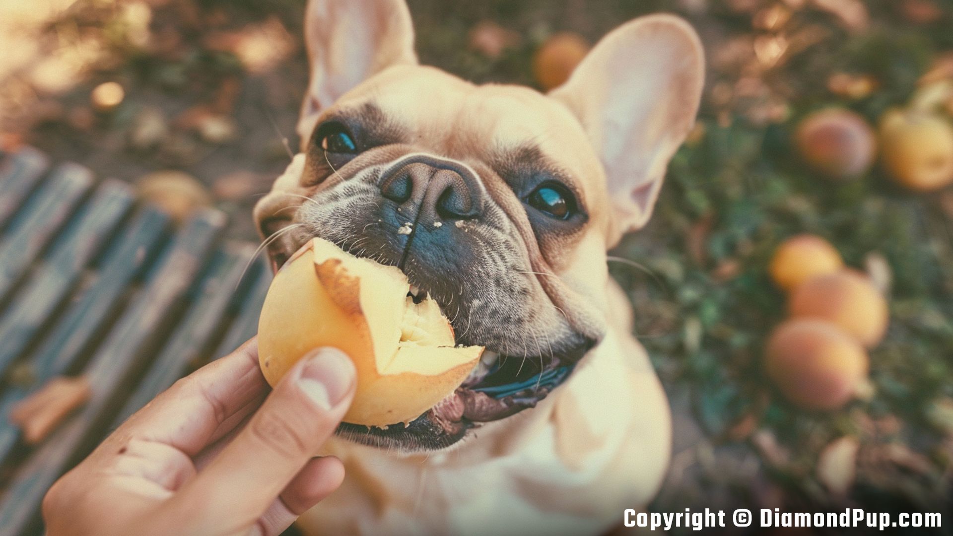 Image of French Bulldog Eating Peaches