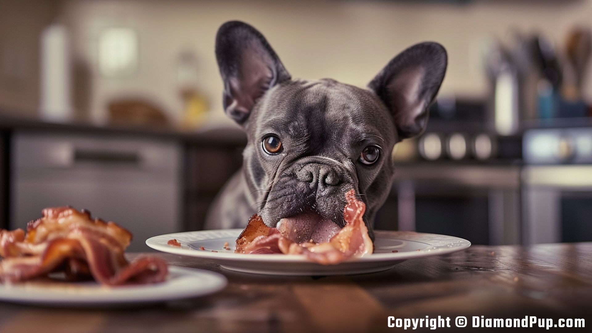 Image of French Bulldog Snacking on Bacon