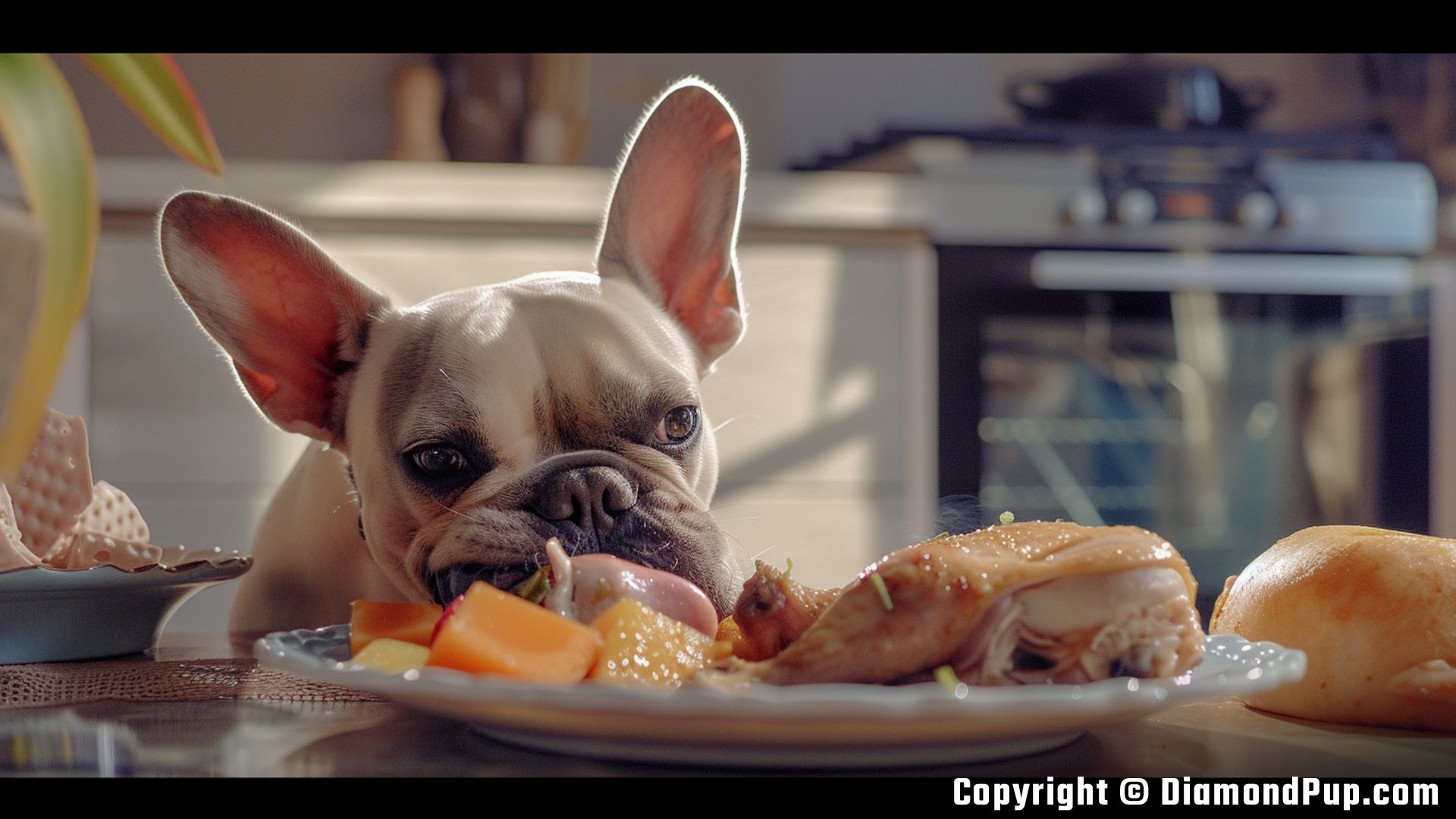 Image of French Bulldog Snacking on Chicken