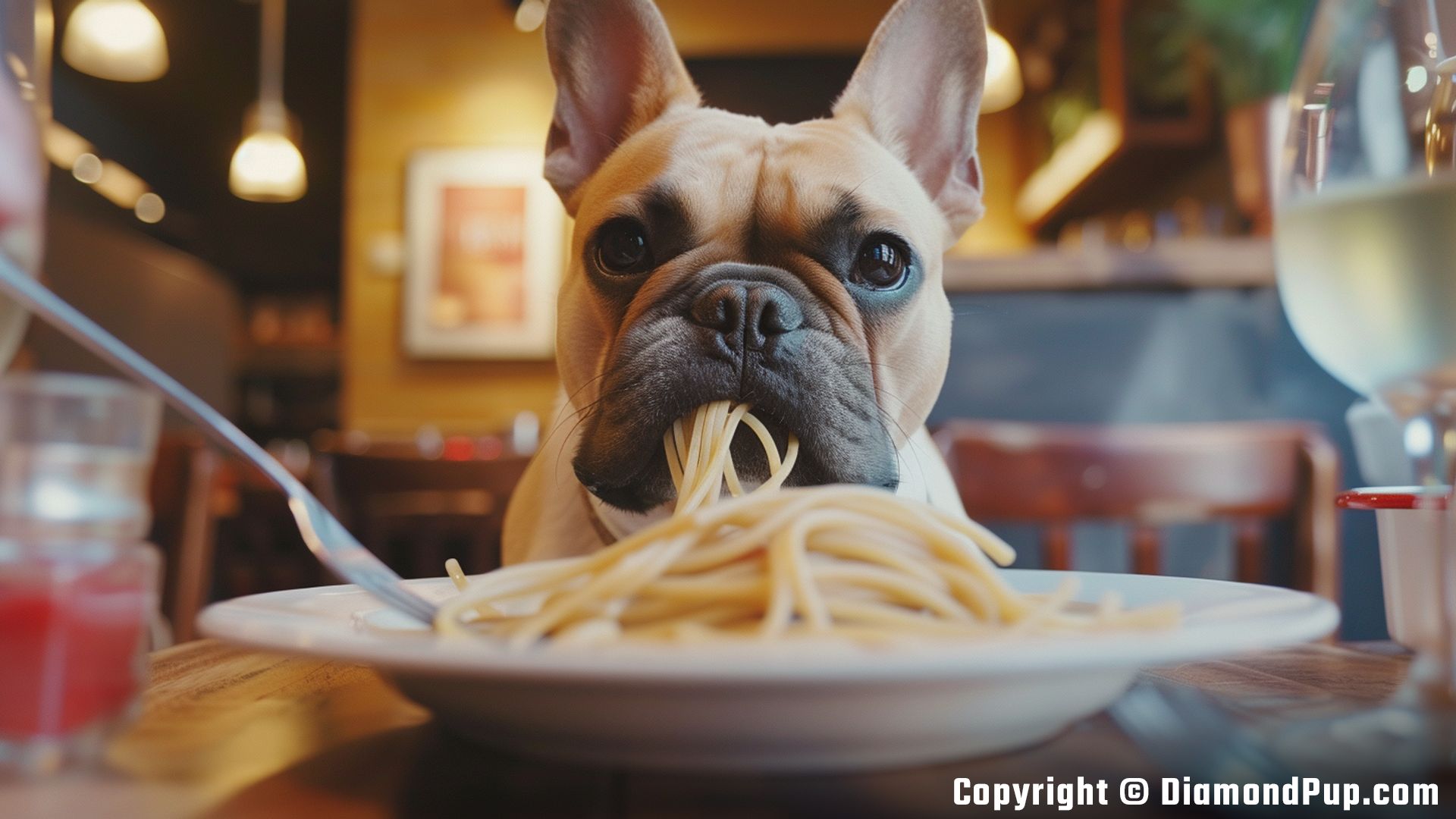 Image of French Bulldog Snacking on Pasta