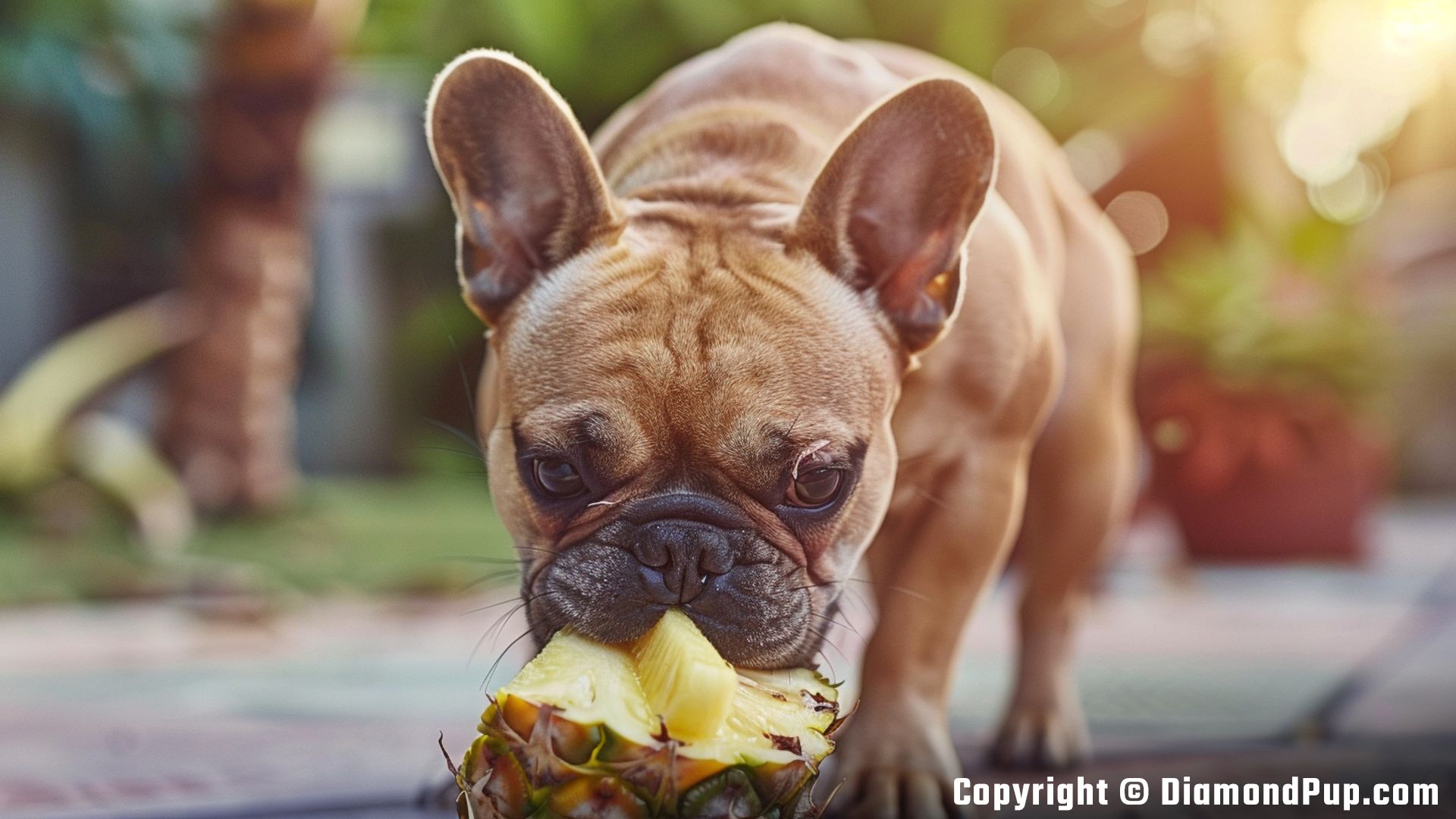 Image of French Bulldog Snacking on Pineapple