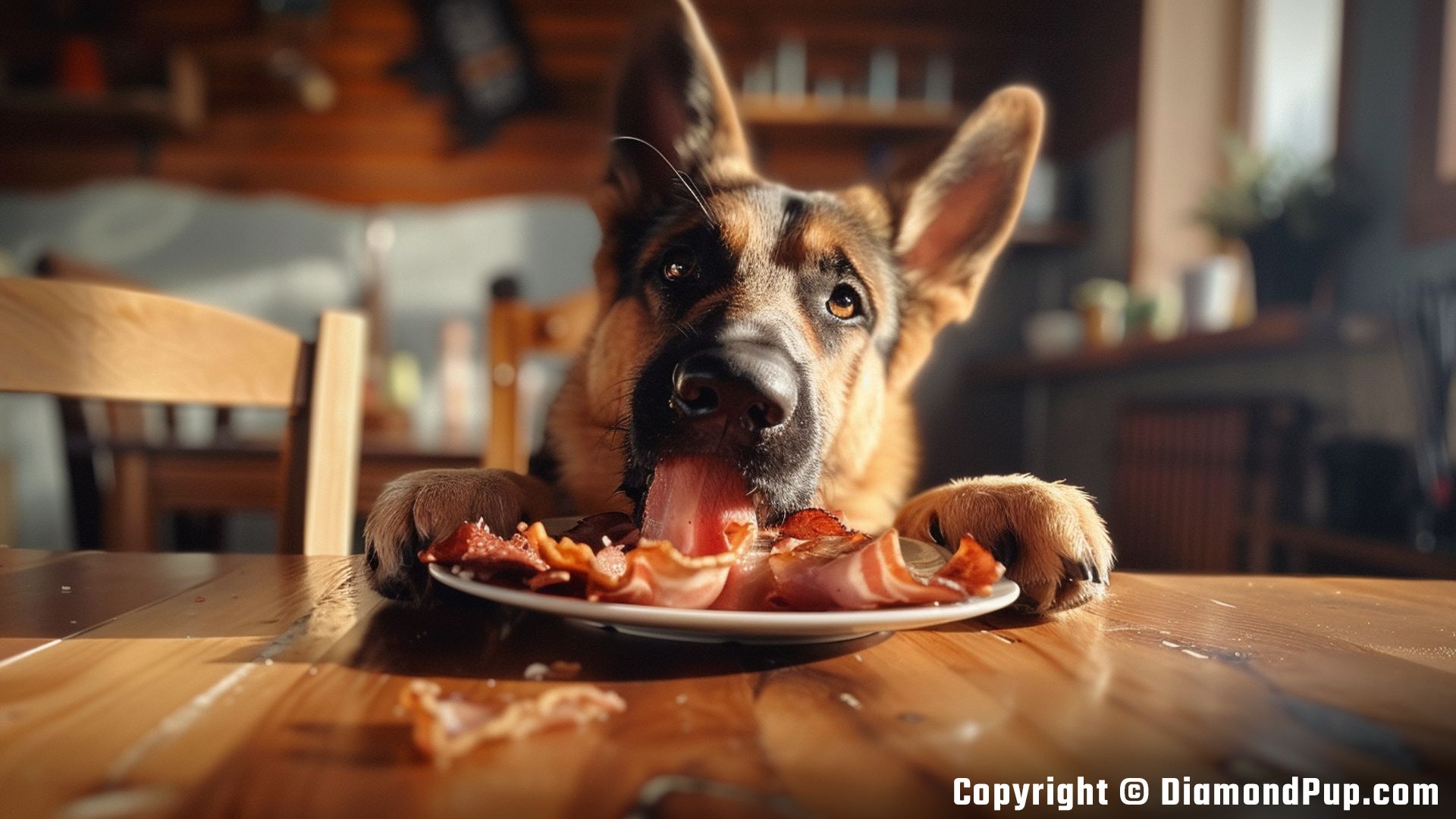 Image of German Shepherd Eating Bacon