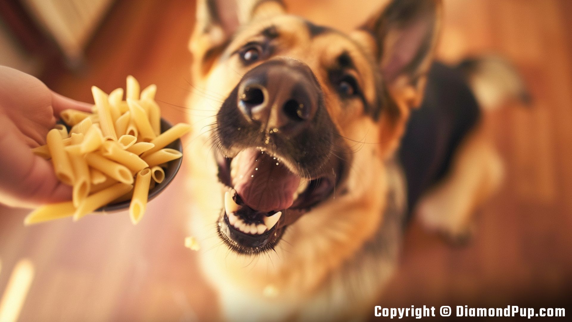 Image of German Shepherd Eating Pasta