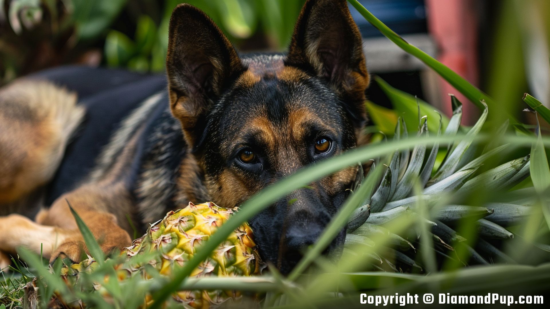 Image of German Shepherd Eating Pineapple