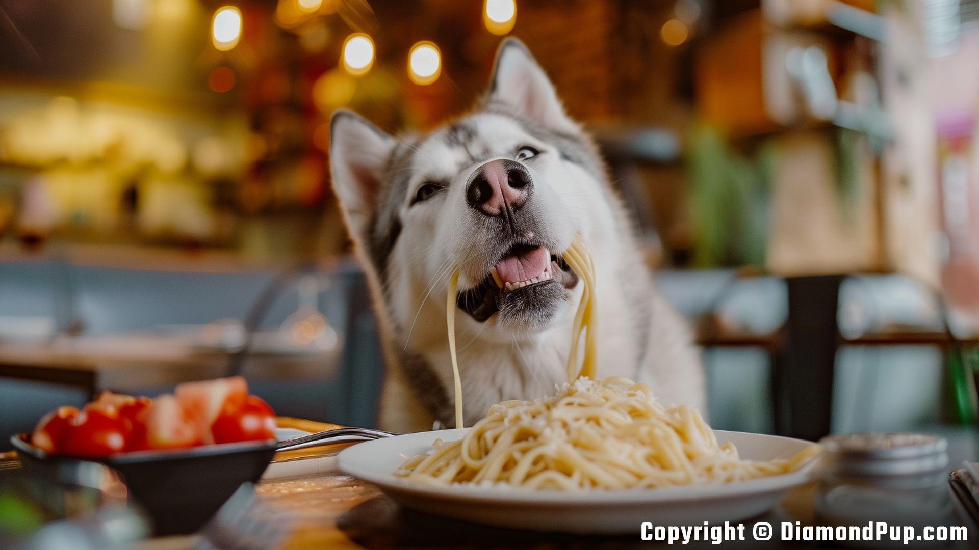 Image of Husky Snacking on Pasta