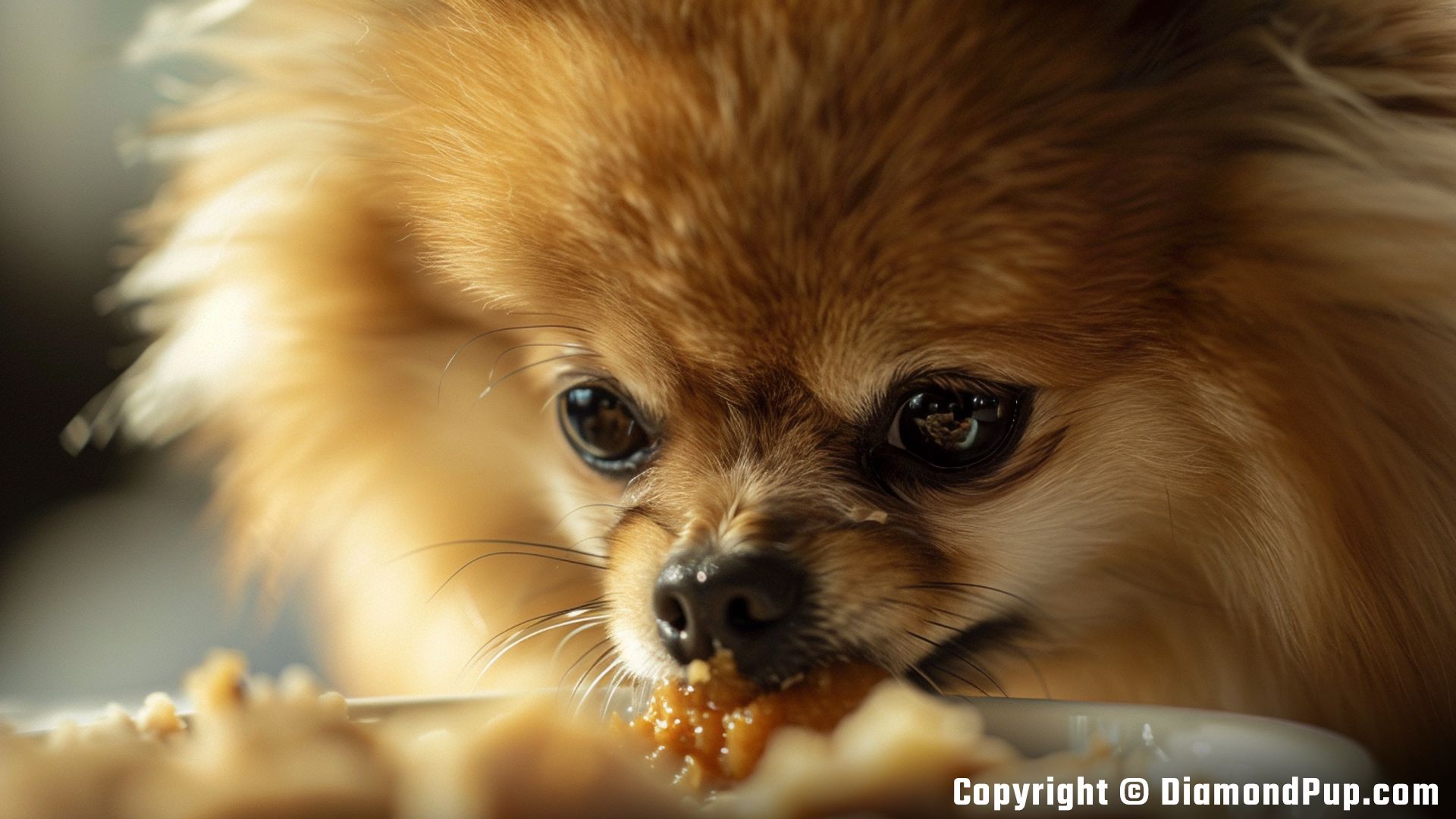 Image of Pomeranian Snacking on Chicken