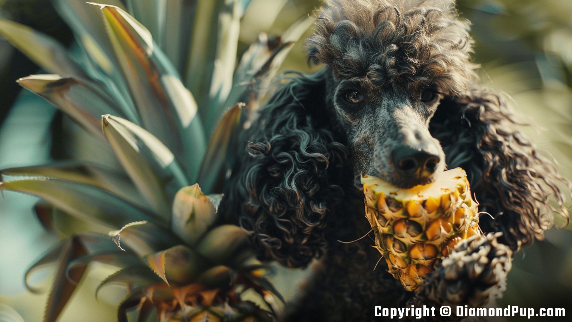 Image of Poodle Eating Pineapple