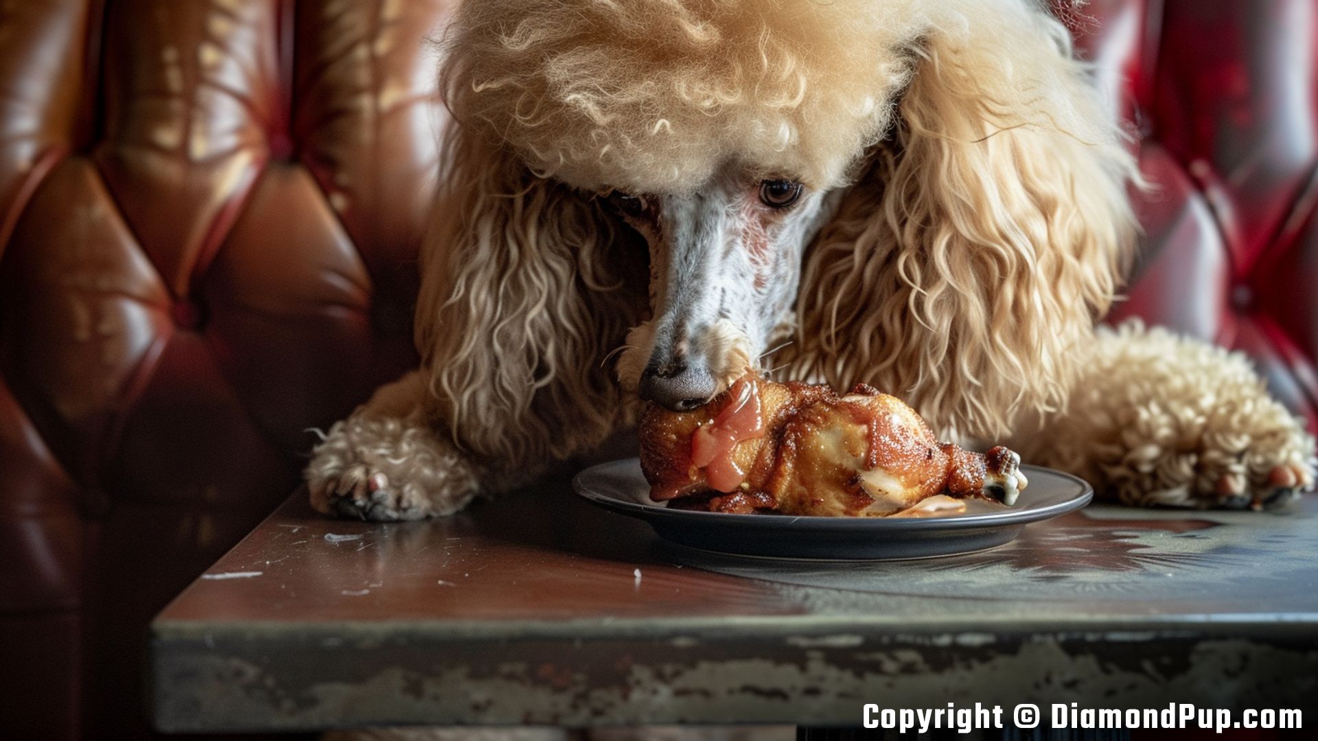 Image of Poodle Snacking on Chicken