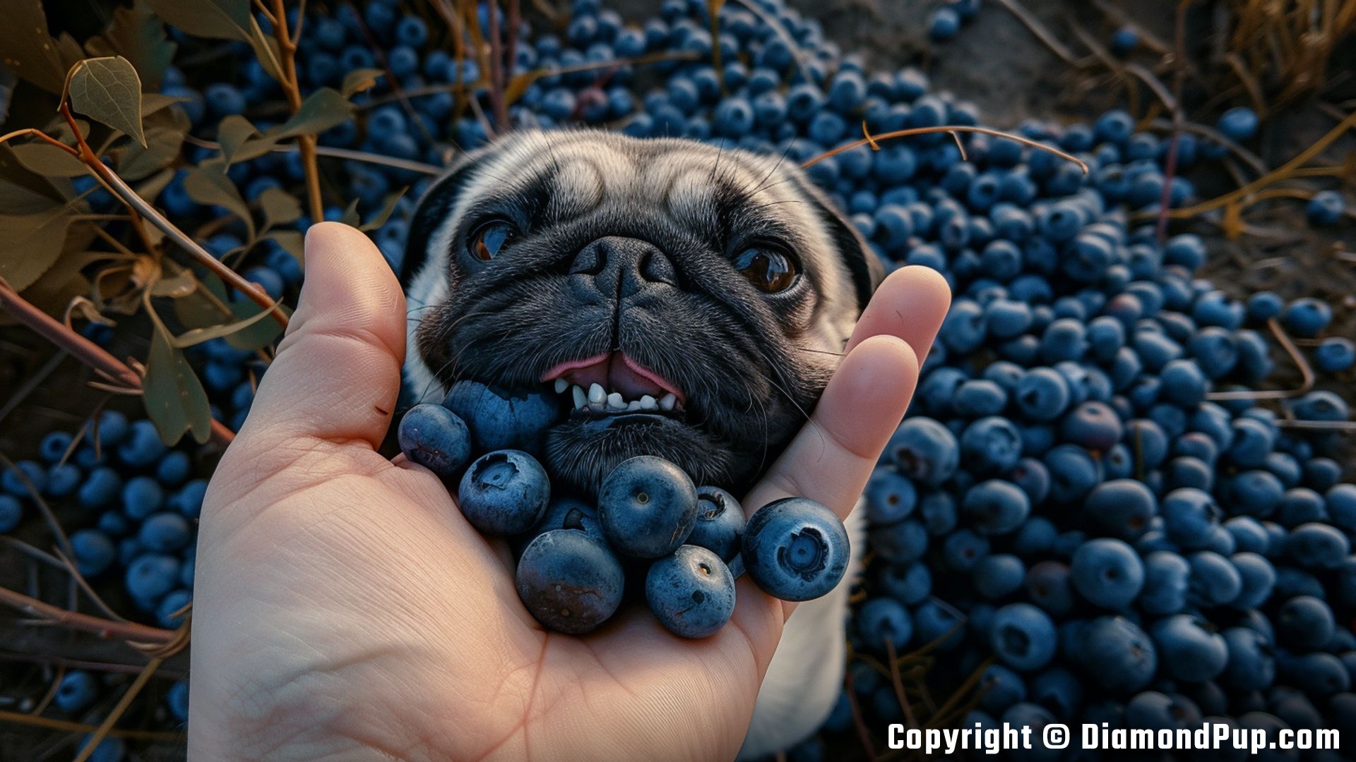 Image of Pug Eating Blueberries