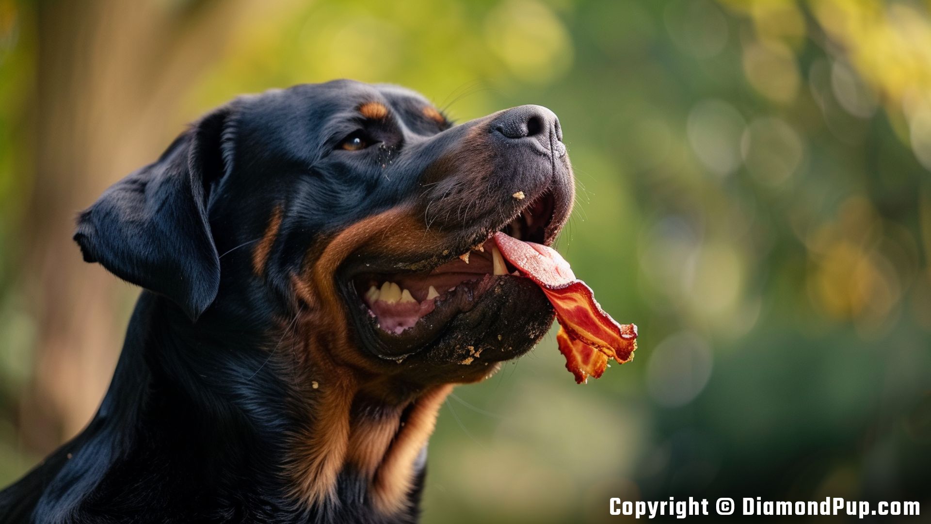 Image of Rottweiler Eating Bacon