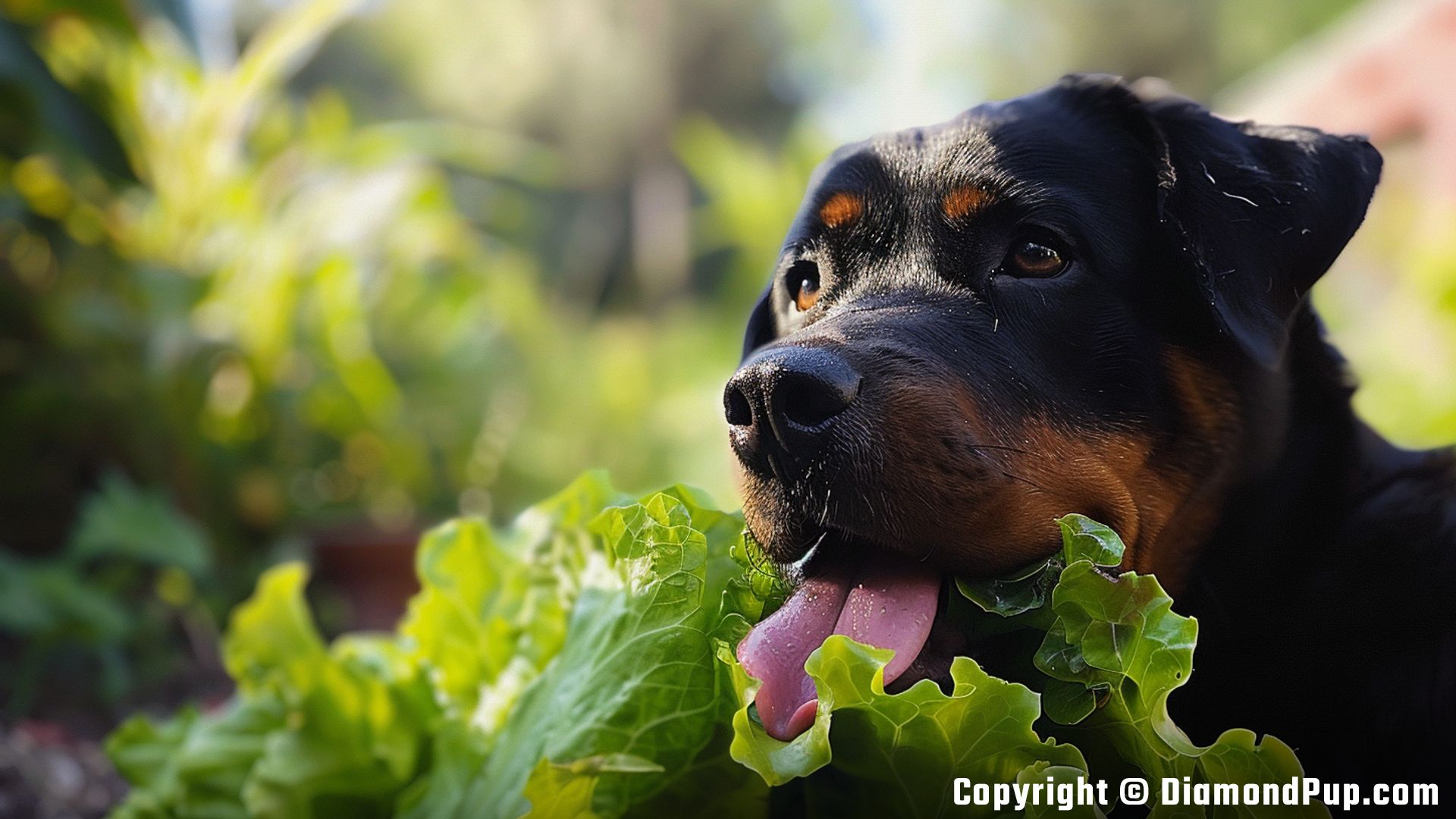 Image of Rottweiler Eating Lettuce