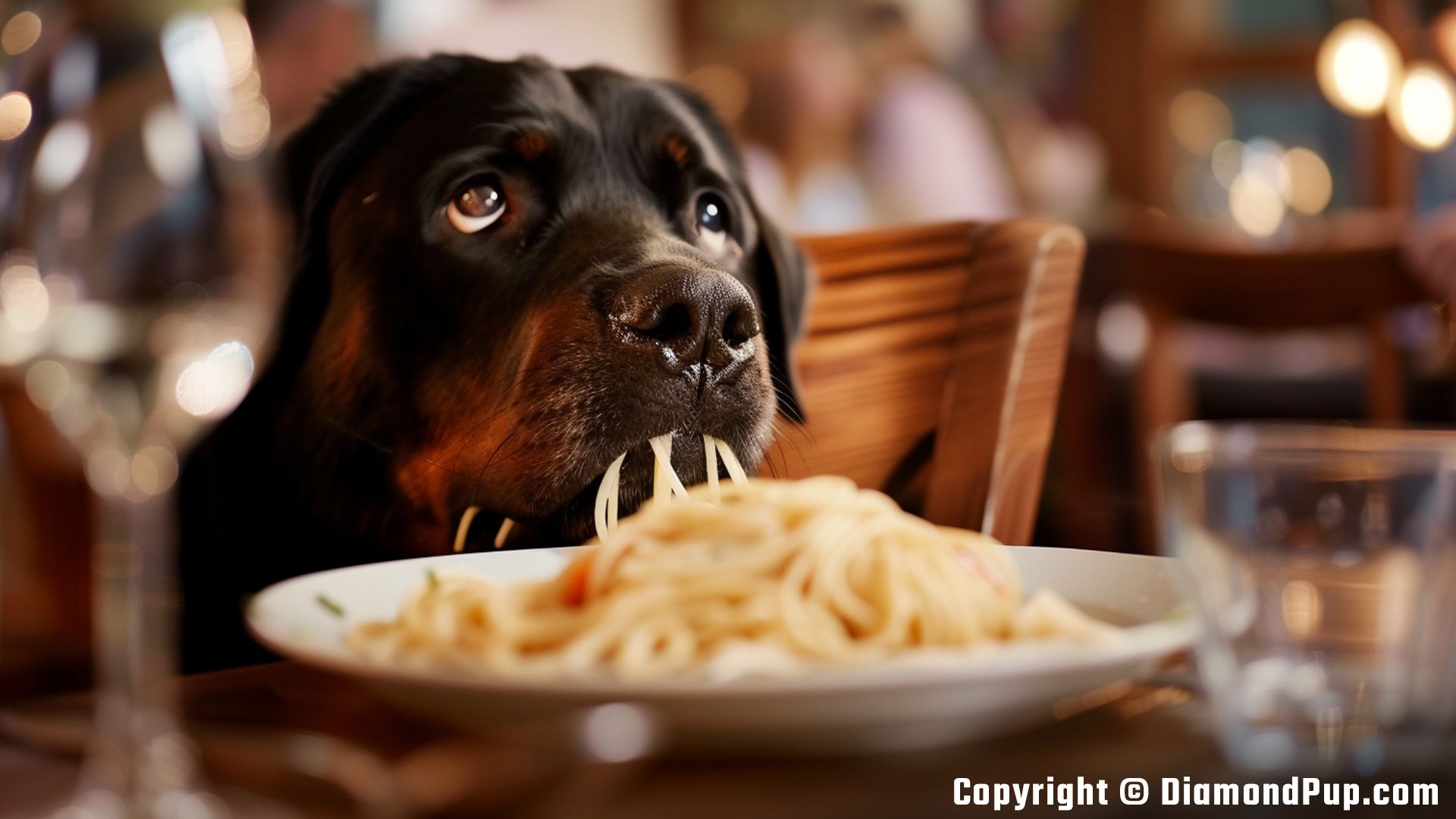 Image of Rottweiler Snacking on Pasta