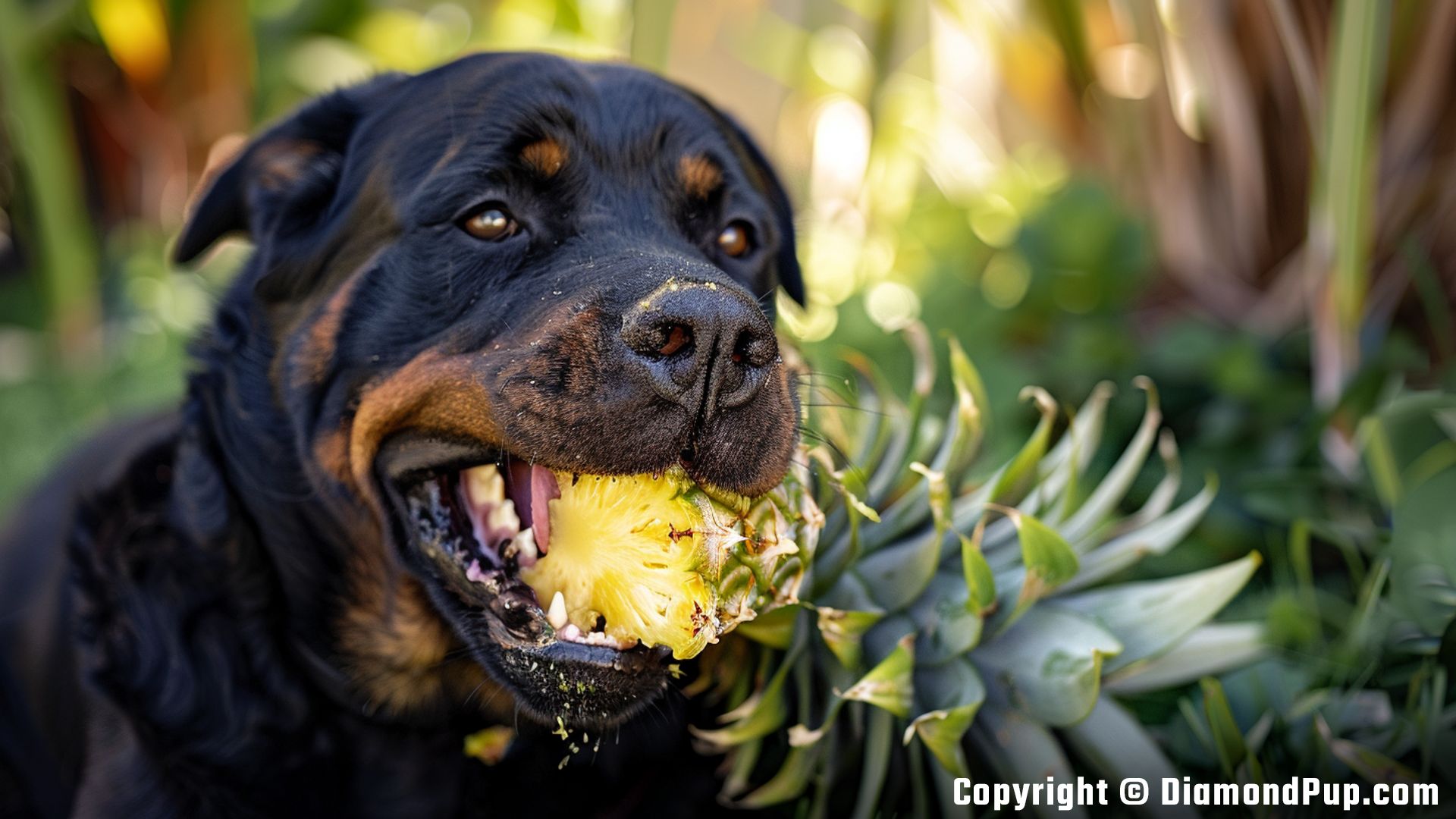 Image of Rottweiler Snacking on Pineapple