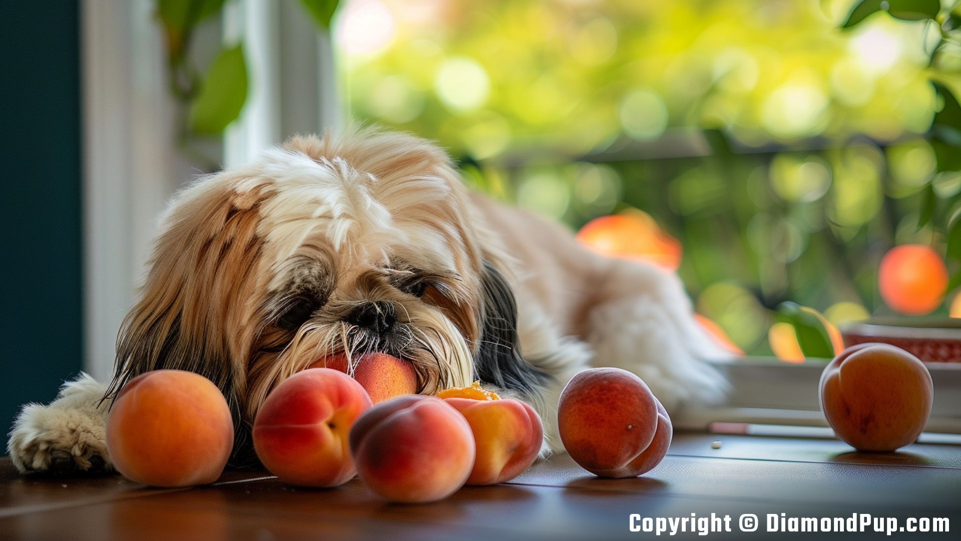 Image of Shih Tzu Snacking on Peaches