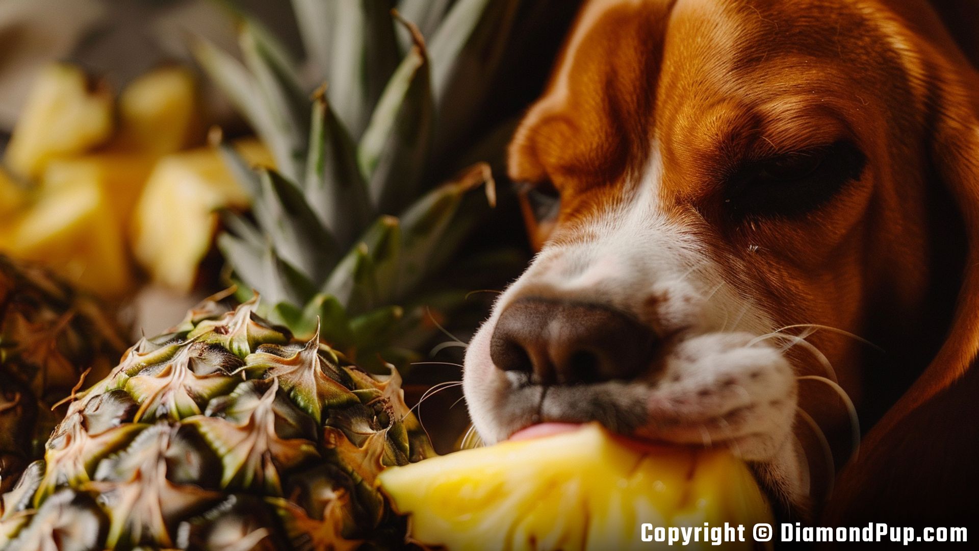 Photo of a Cute Beagle Eating Pineapple