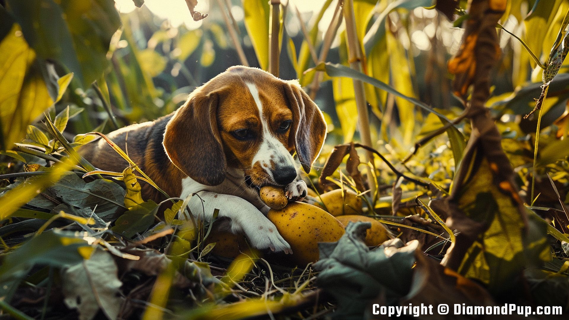 Photo of a Cute Beagle Snacking on Potato