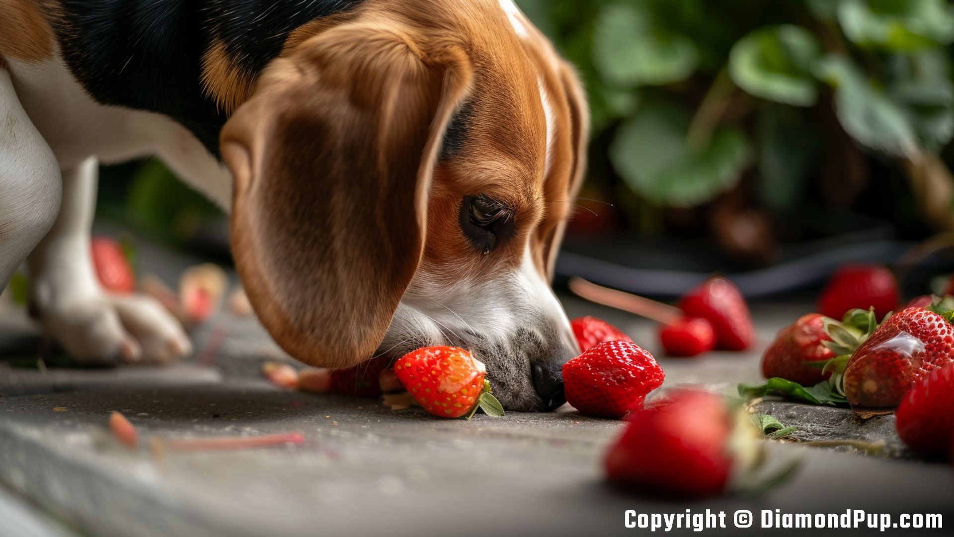 Photo of a Cute Beagle Snacking on Strawberries