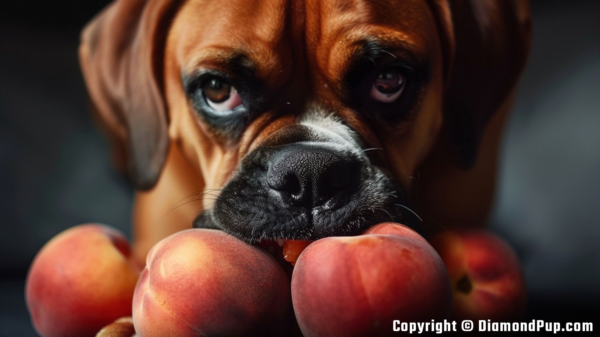 Photo of a Cute Boxer Eating Peaches