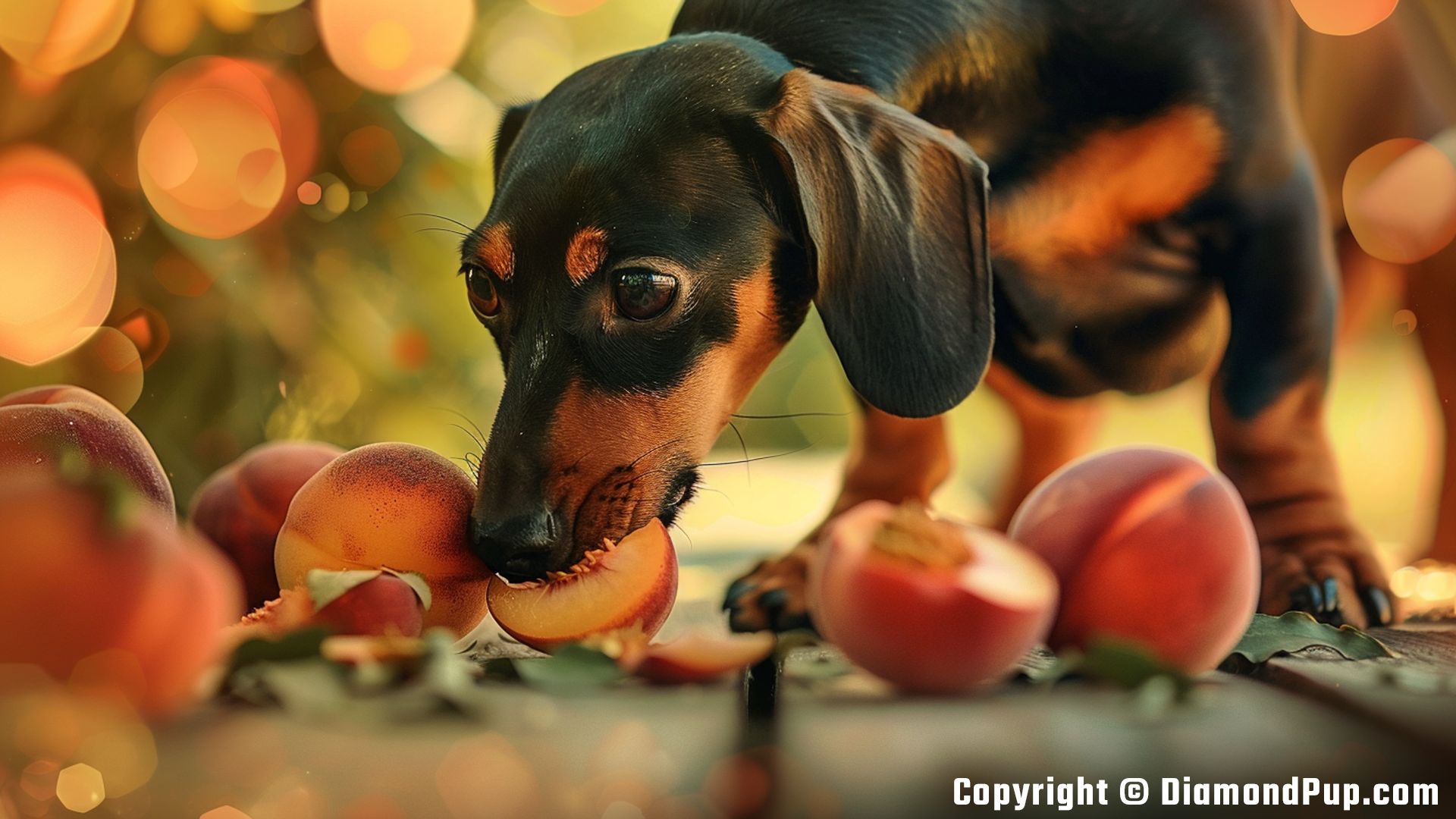 Photo of a Cute Dachshund Eating Peaches
