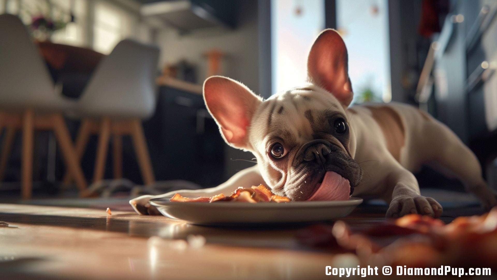 Photo of a Cute French Bulldog Snacking on Bacon