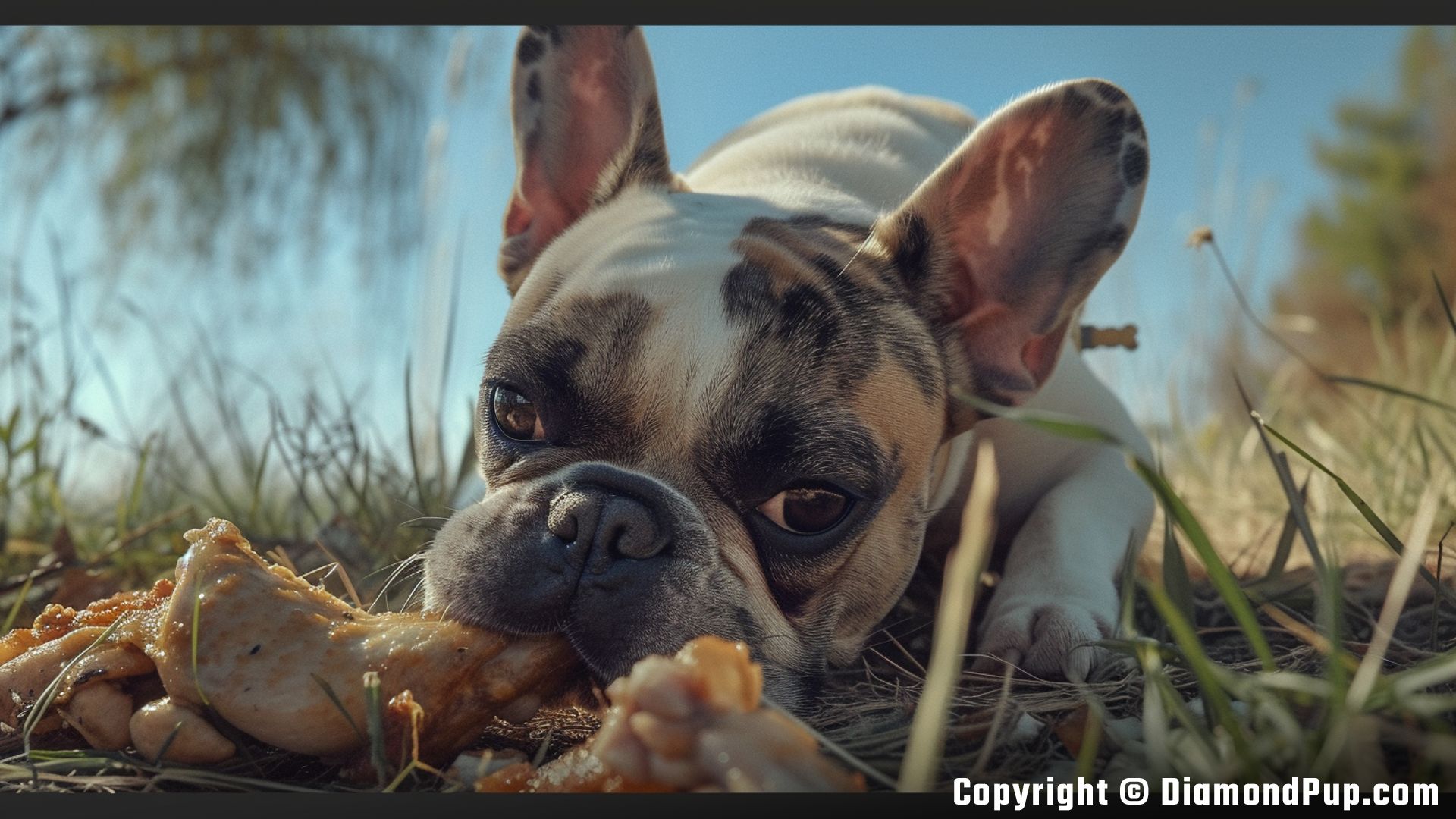 Photo of a Cute French Bulldog Snacking on Chicken