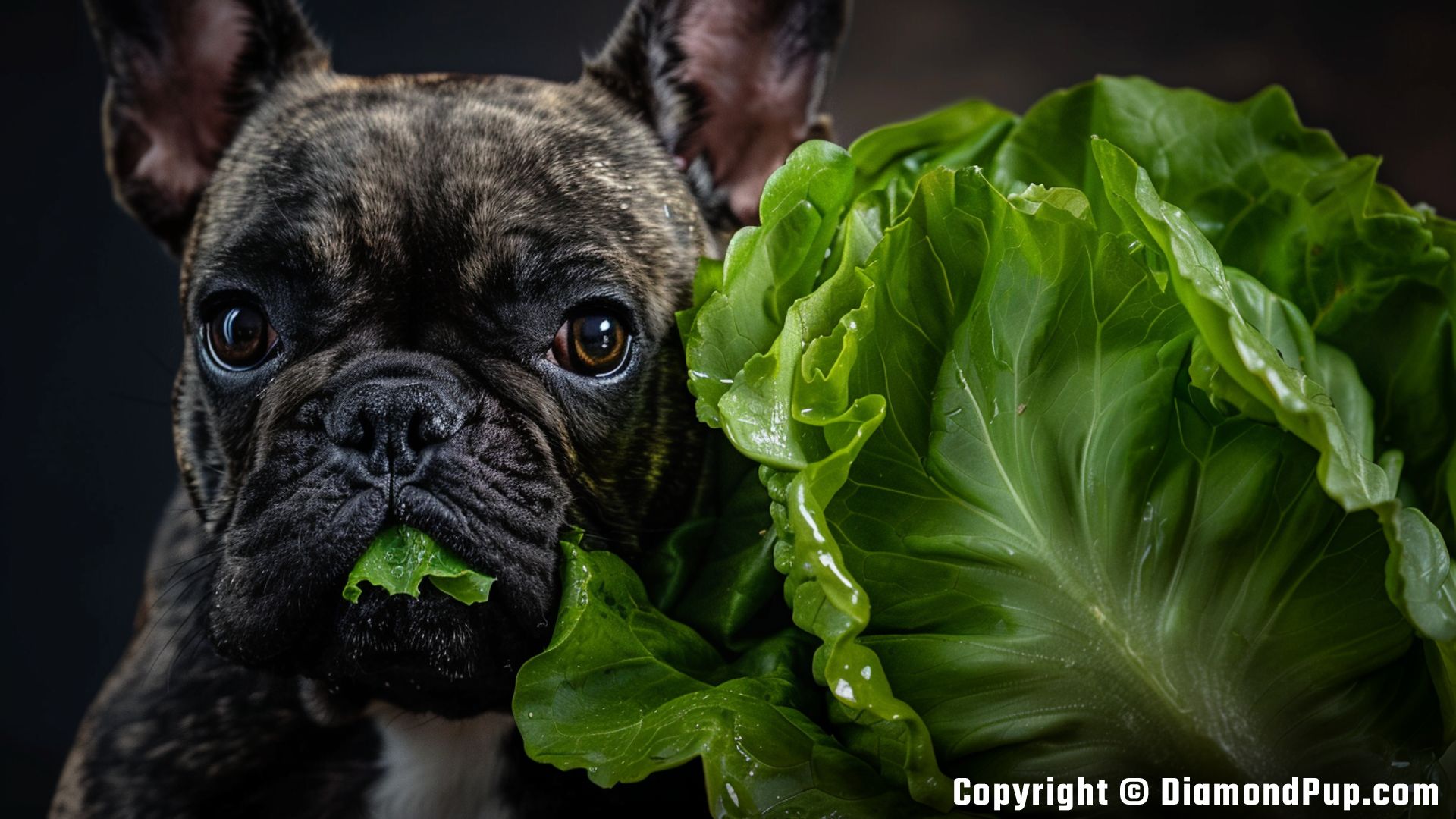 Photo of a Cute French Bulldog Snacking on Lettuce