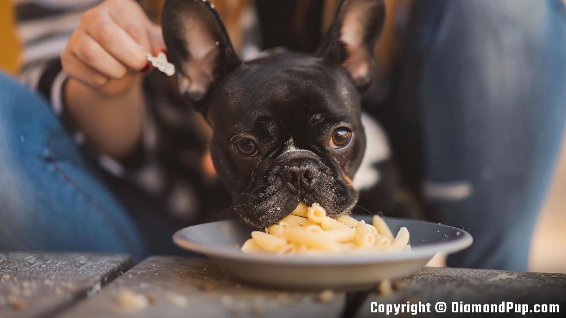 Photo of a Cute French Bulldog Snacking on Pasta